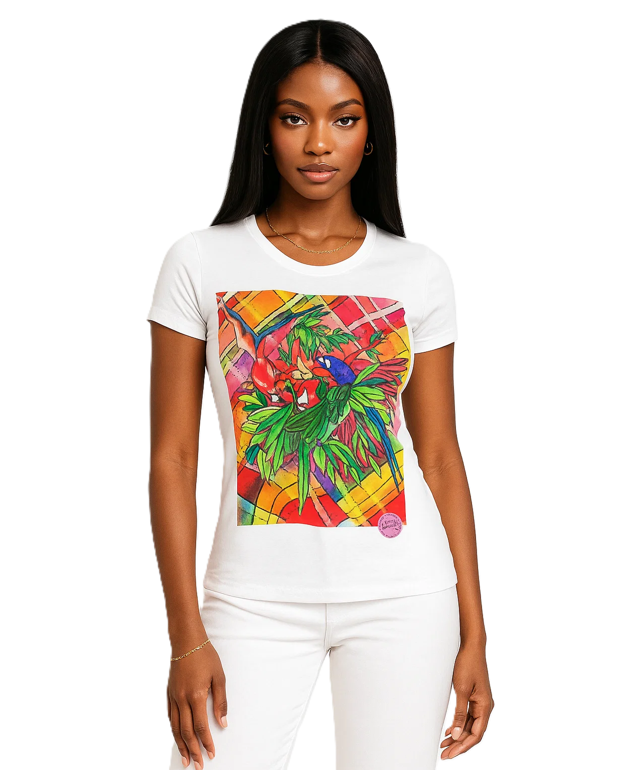 Women's Slim Fit Tee - Parrot Haven Water Color Madras Motif  product thumbnail image