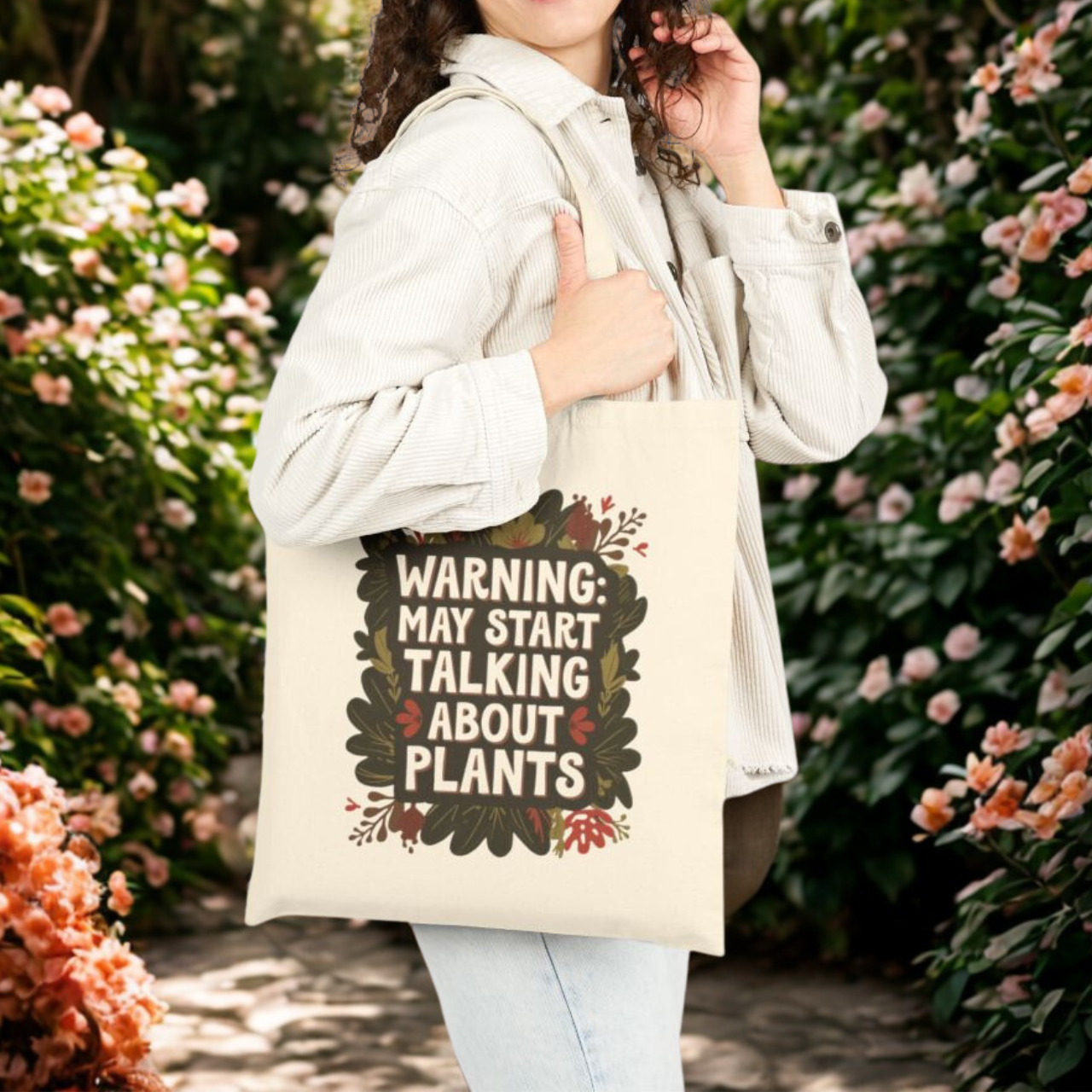 Canvas Tote Bag - 'Warning: May Start Talking to Plants' Message product thumbnail image
