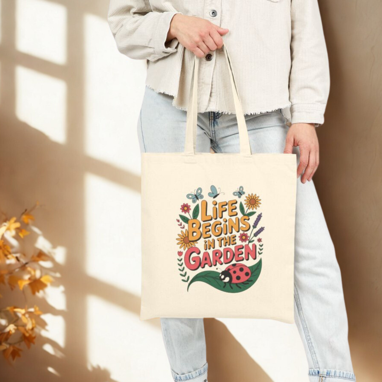 Canvas Tote Bag - Life Begins in the Garden with Butterflies and Ladybug product thumbnail image Canvas Tote Bag - Life Begins in the Garden with Butterflies and Ladybug product thumbnail image