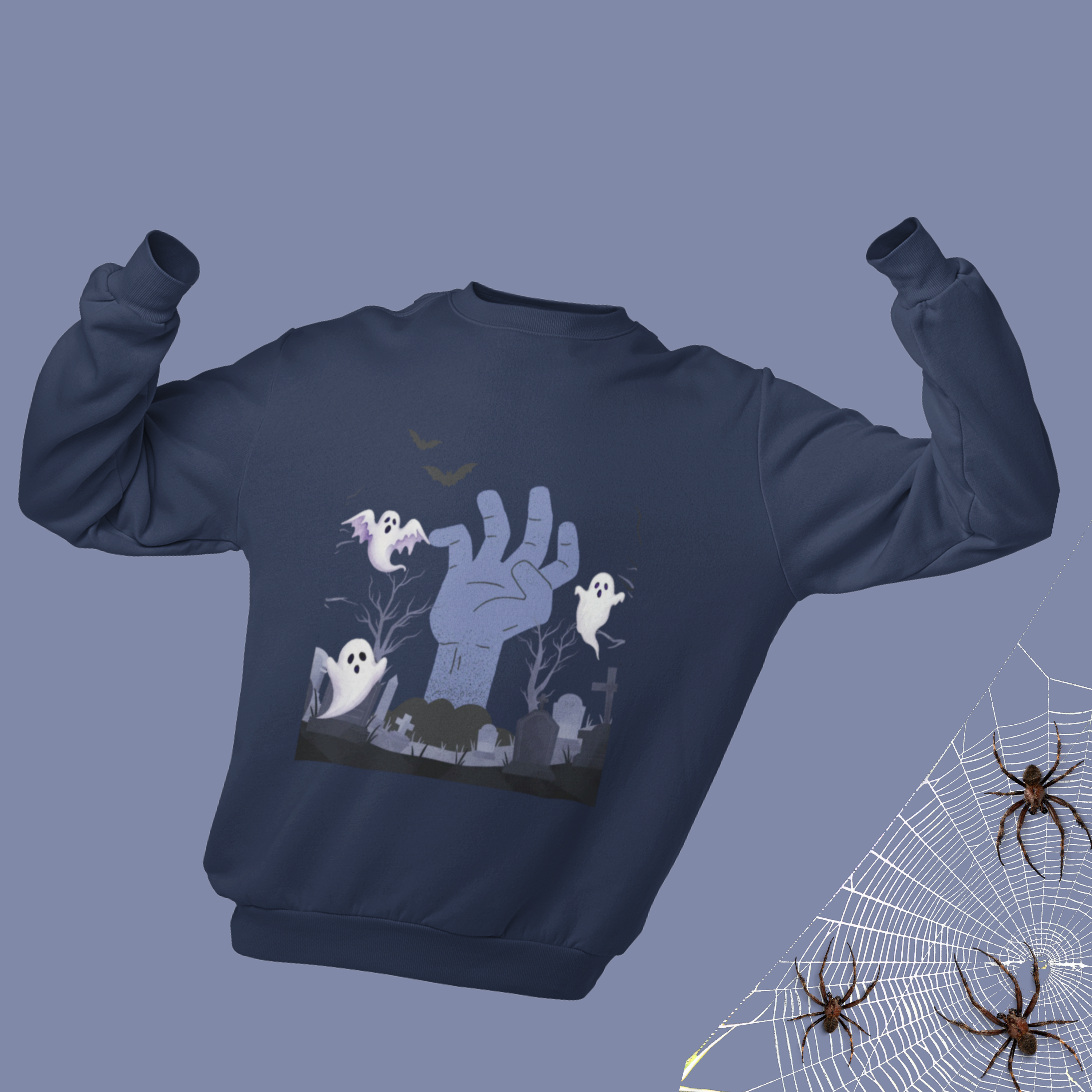 Spooky Halloween Sweatshirt | Zombie Hand &amp; Ghosts Graveyard Scene | Creepy Cute Fall Pullover | Halloween Graphic Sweatshirt product thumbnail image