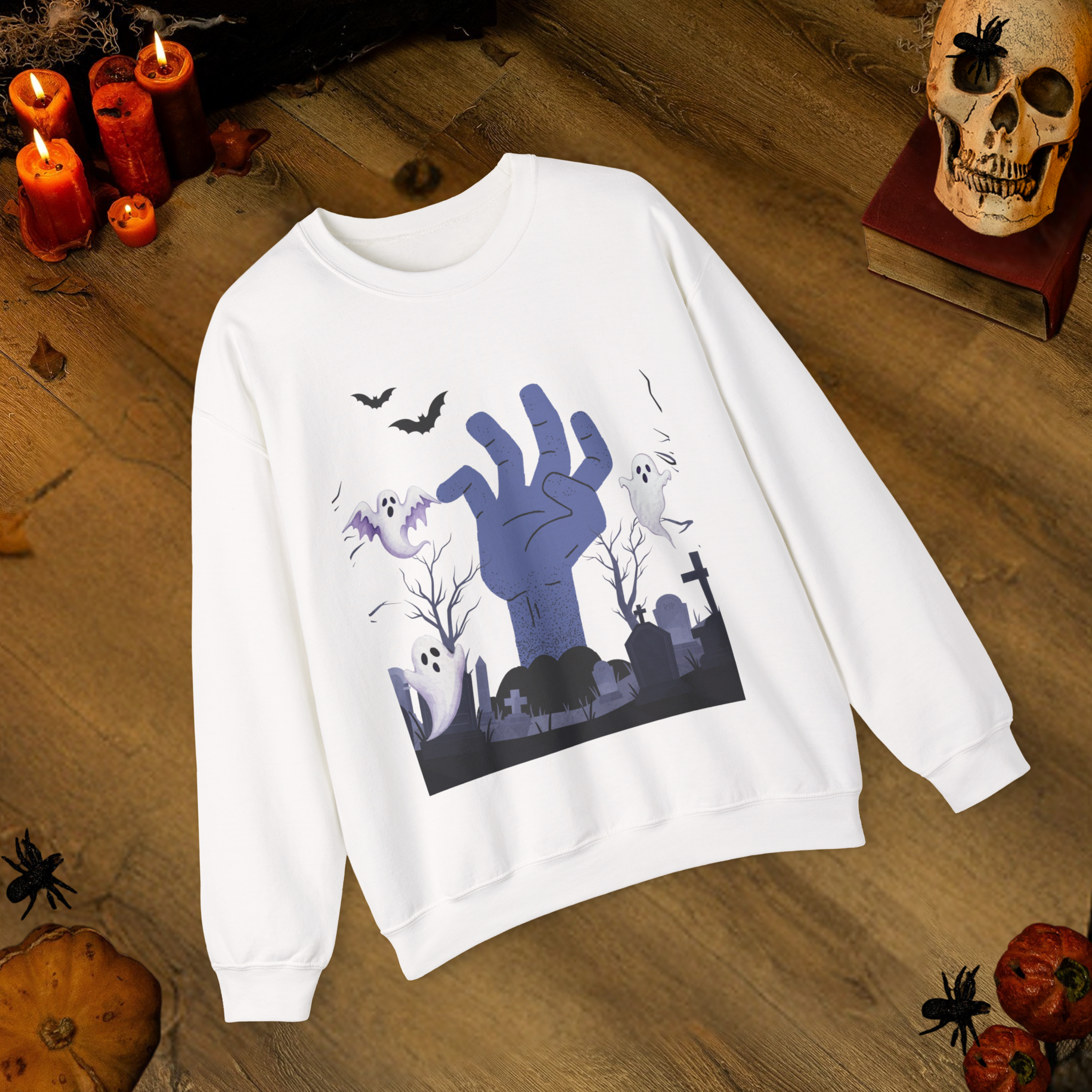 Spooky Halloween Sweatshirt | Zombie Hand &amp; Ghosts Graveyard Scene | Creepy Cute Fall Pullover | Halloween Graphic Sweatshirt product thumbnail image