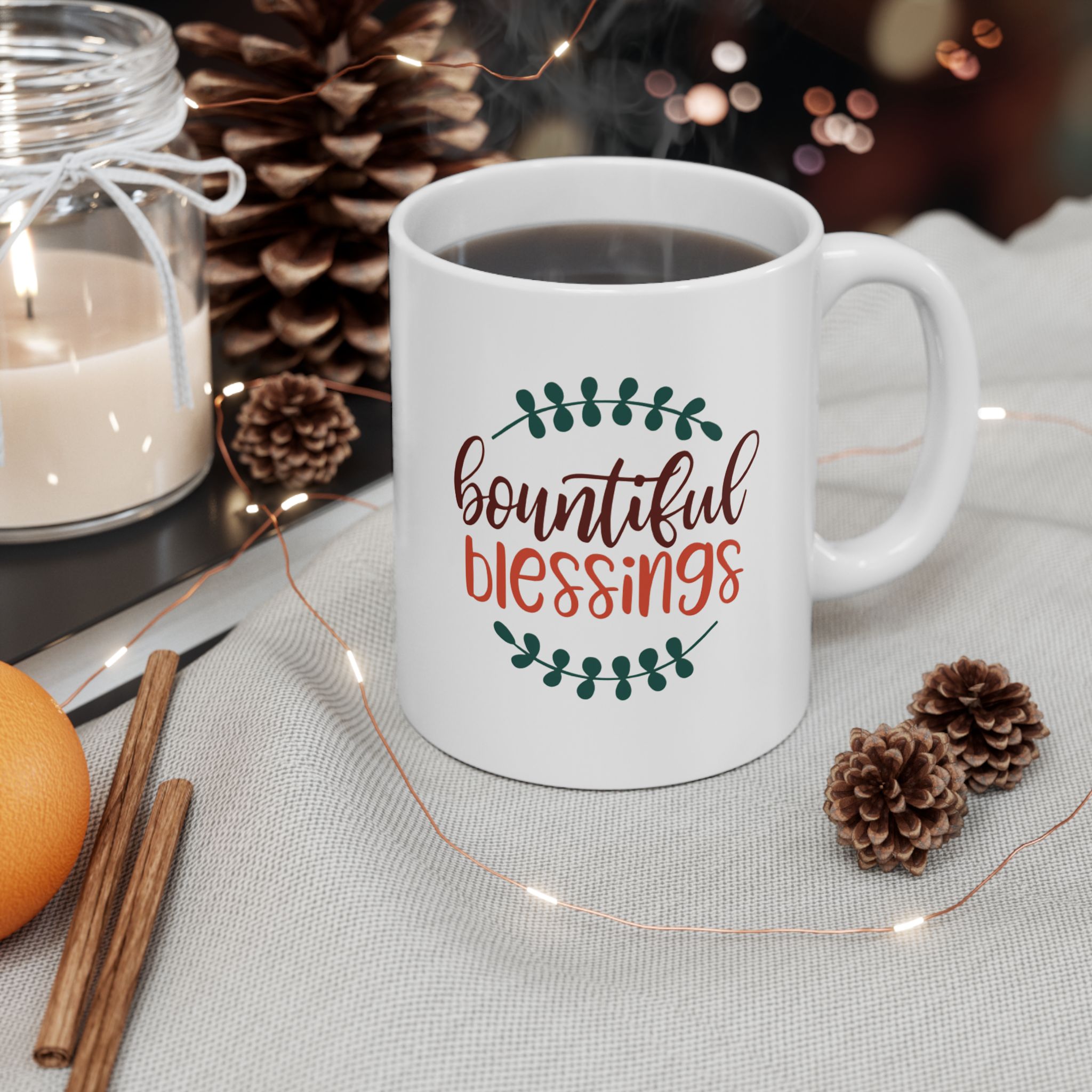 Bountiful Blessings Thanksgiving Ceramic Mug - 11oz, 15oz | Perfect Gift for Coffee Lovers, Inspirational Gifts, Home Decor, Gratitude, Housewarming