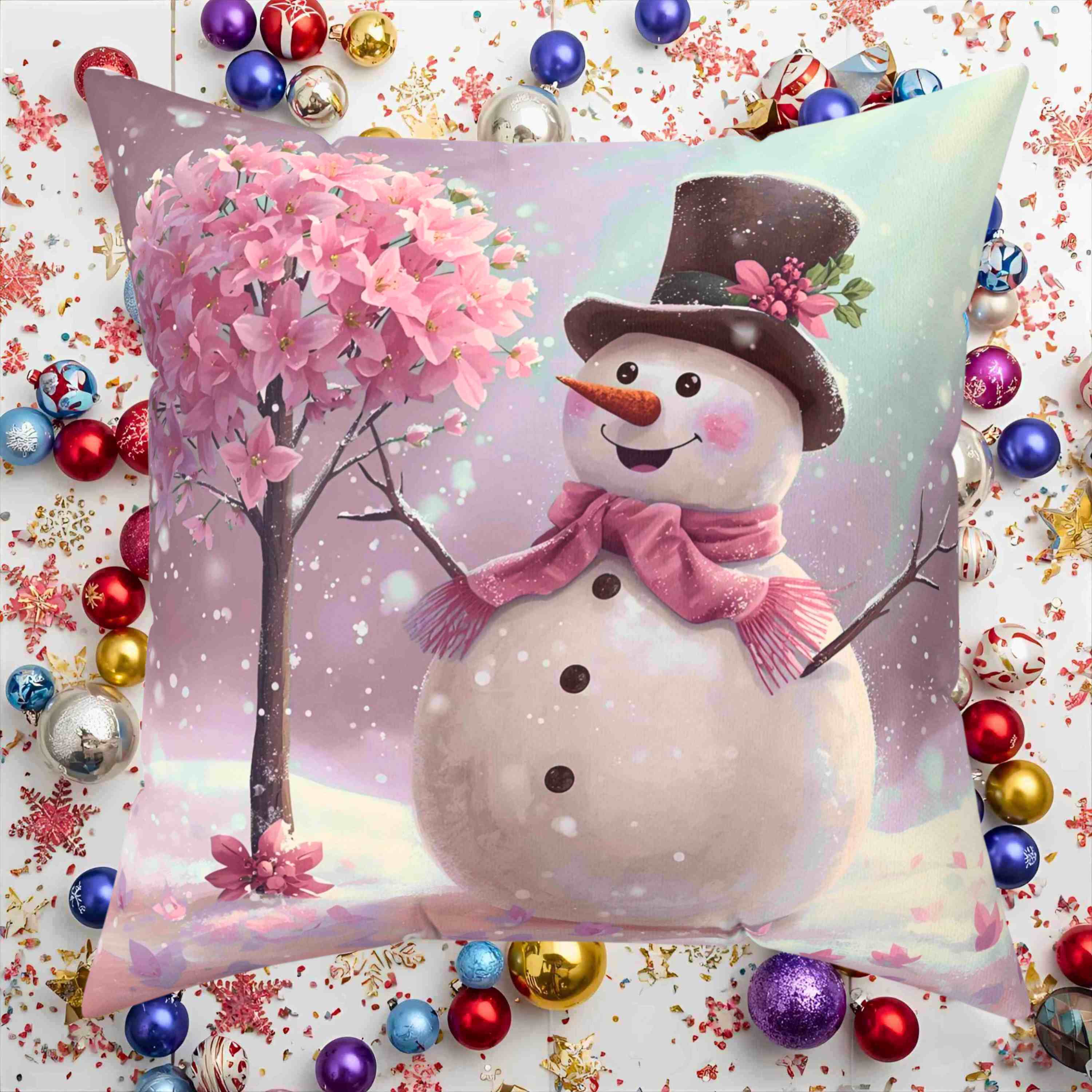 Pink Flower Tree Snowman Pillow – Rosy-Cheeked Snowman Beside Pink Flower Tree – Cozy Snowglobe Holiday Decorative Cushion with Insert, Gift for Friends and Family product thumbnail image