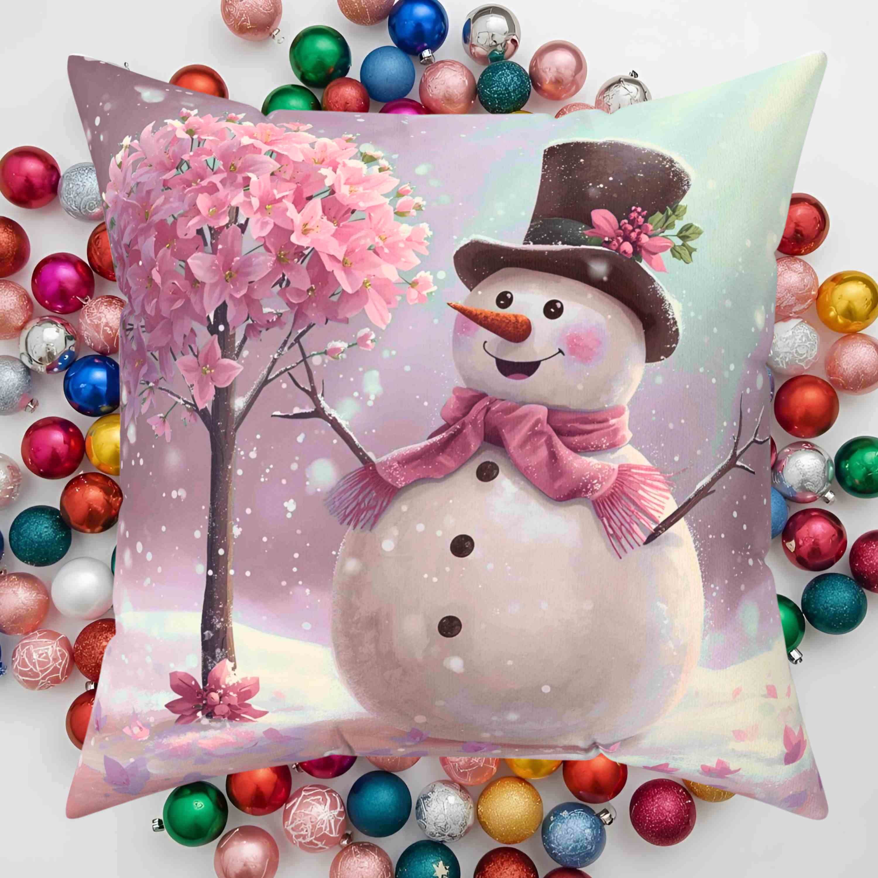 Pink Flower Tree Snowman Pillow – Rosy-Cheeked Snowman Beside Pink Flower Tree – Cozy Snowglobe Holiday Decorative Cushion with Insert, Gift for Friends and Family product thumbnail image