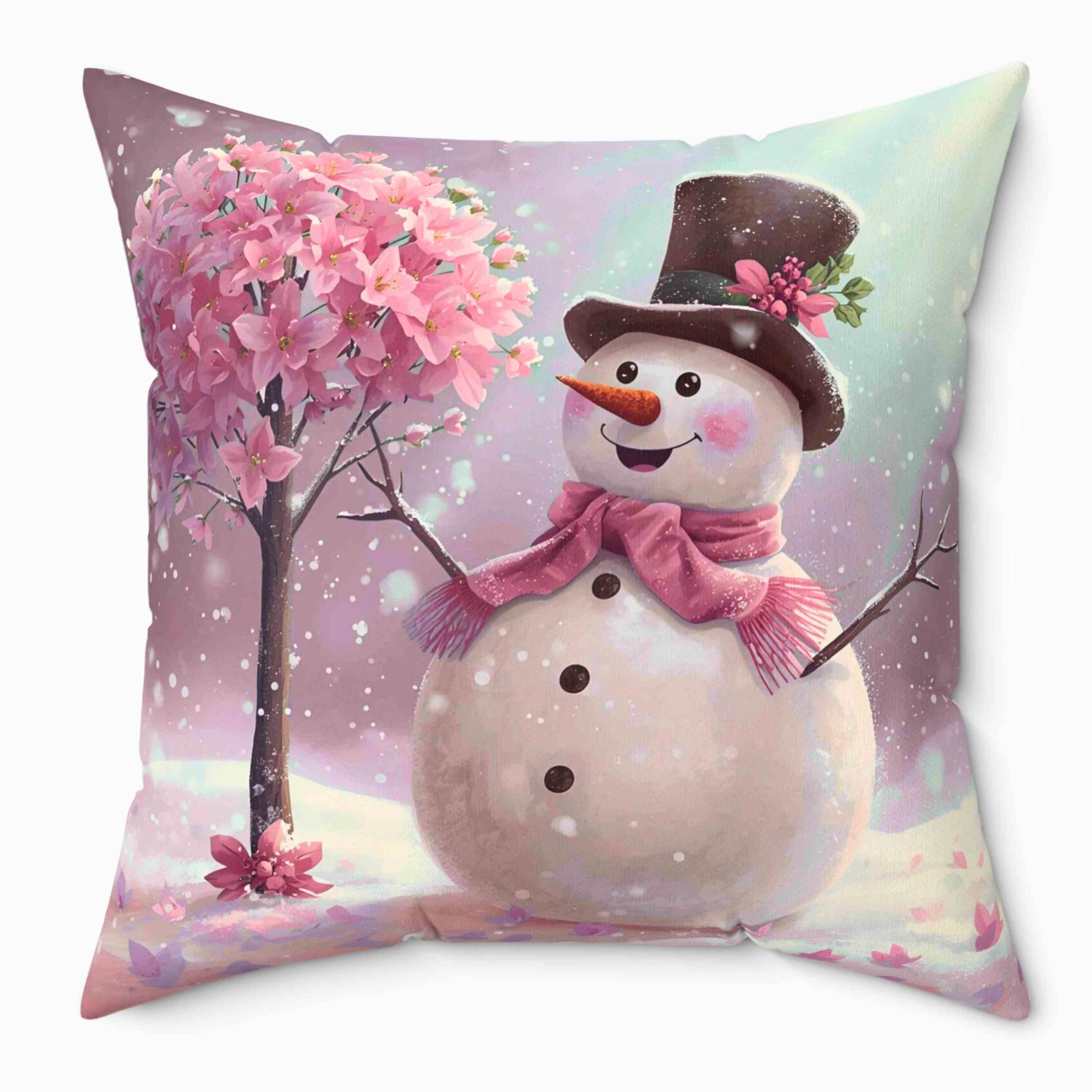 Pink Flower Tree Snowman Pillow – Rosy-Cheeked Snowman Beside Pink Flower Tree – Cozy Snowglobe Holiday Decorative Cushion with Insert, Gift for Friends and Family product thumbnail image