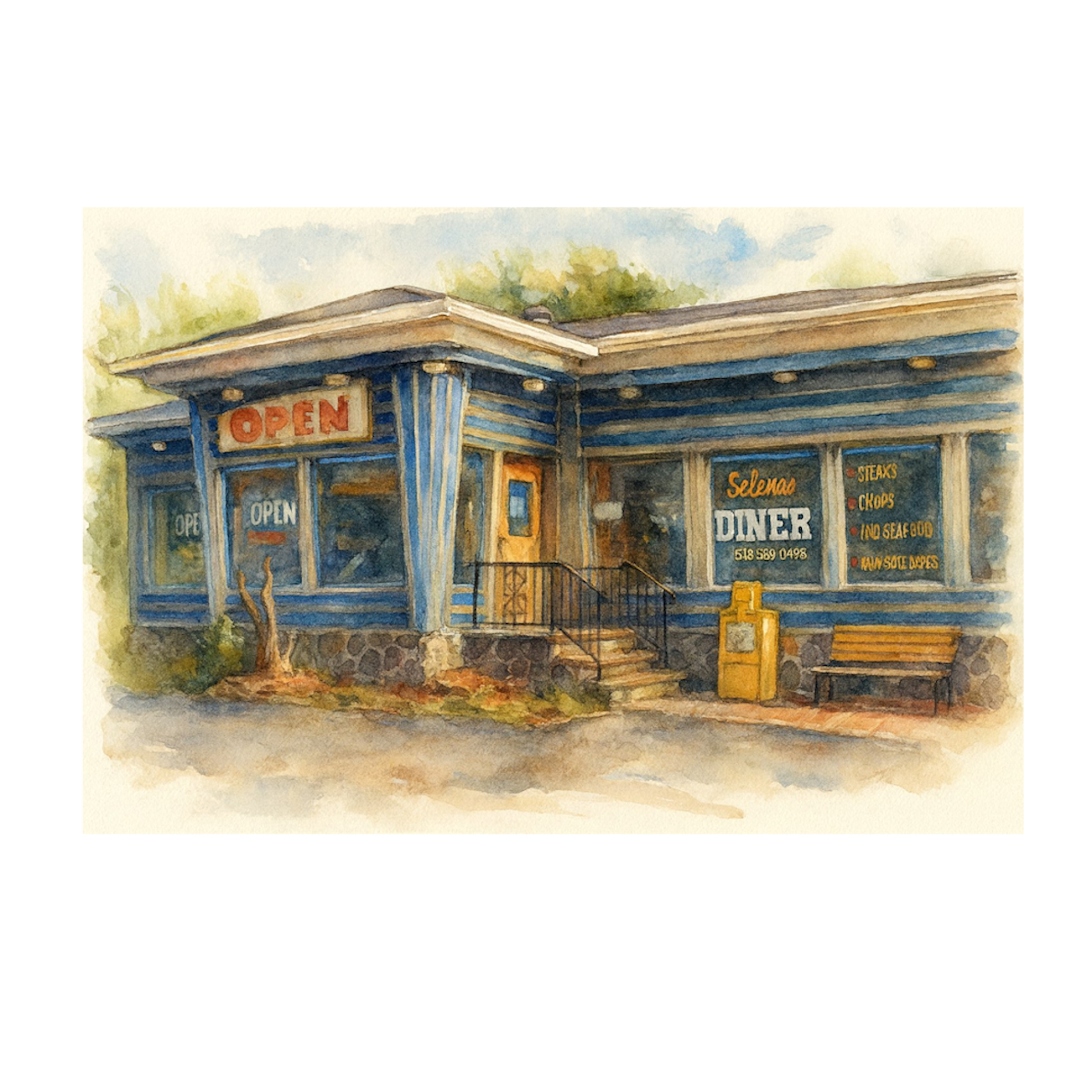 Watercolor Painting of Selena's Diner - Tannersville NY.  Artist HOLZIE(r) 2025.  Oh man. product thumbnail image