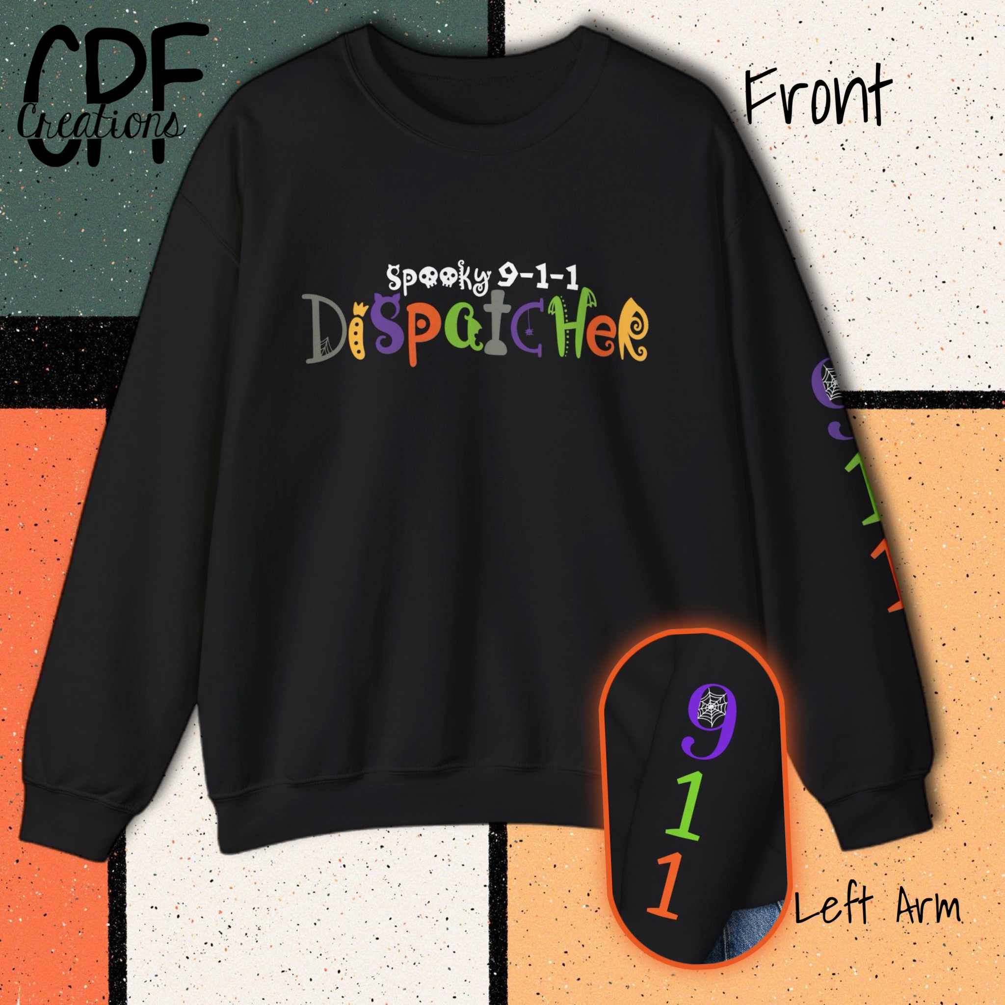 Spooky 911 Dispatcher Crewneck Sweatshirt product thumbnail image Spooky 911 Dispatcher Crewneck Sweatshirt product thumbnail image