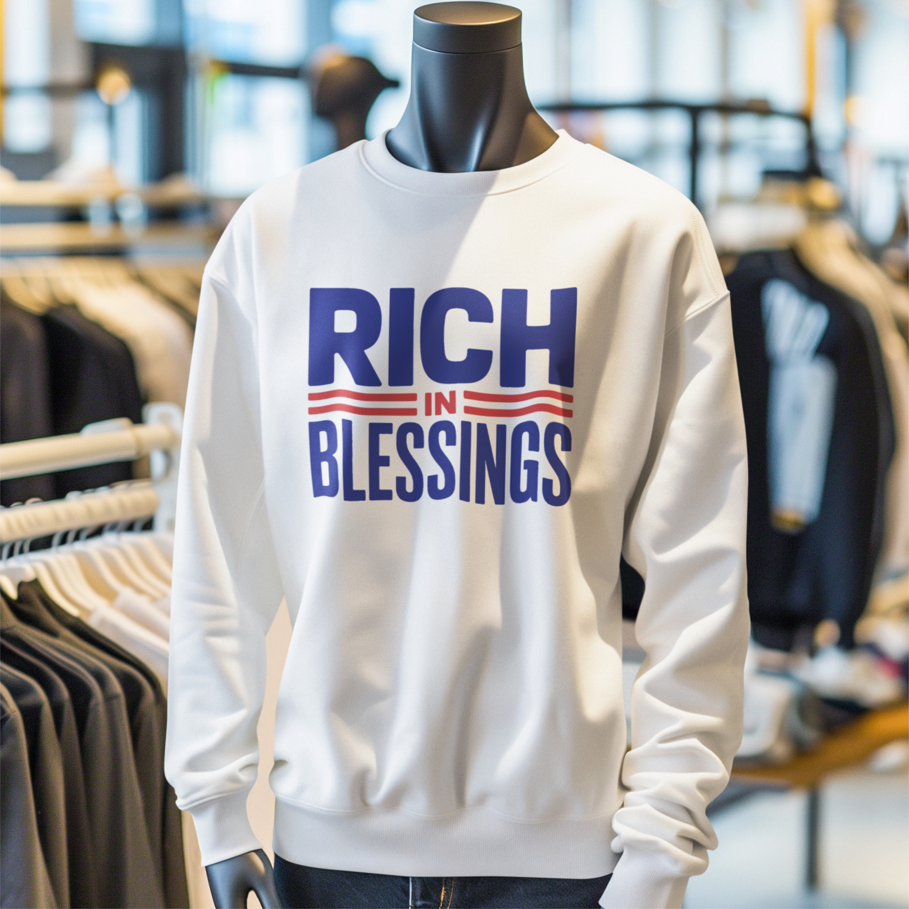 Unisex "RICH IN BLESSINGS" White/Deep Royal/Fire Red Sweatshirt product thumbnail image