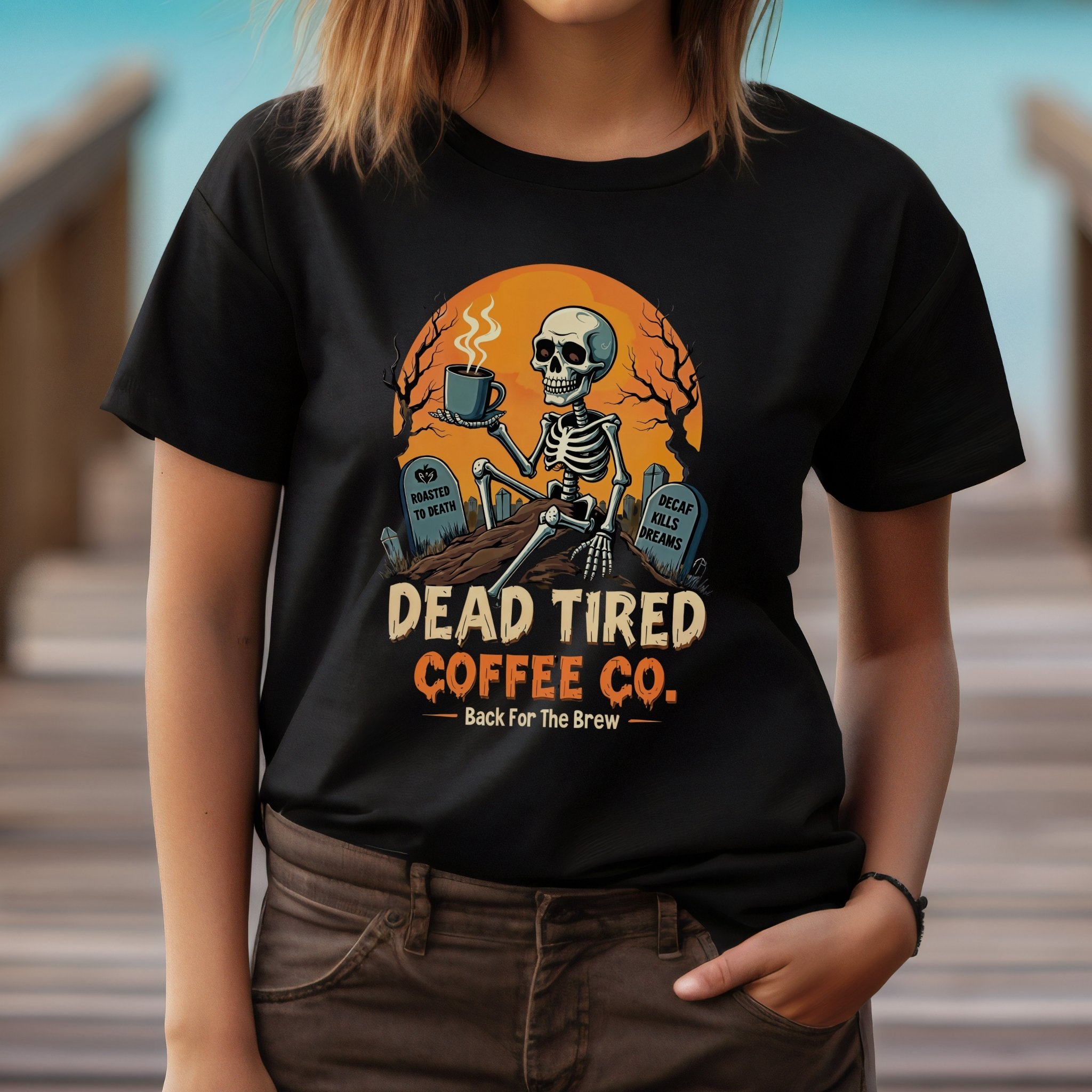 Funny Skeleton Coffee T-Shirt: Halloween Parody Graphic Tee product thumbnail image Funny Skeleton Coffee T-Shirt: Halloween Parody Graphic Tee product thumbnail image
