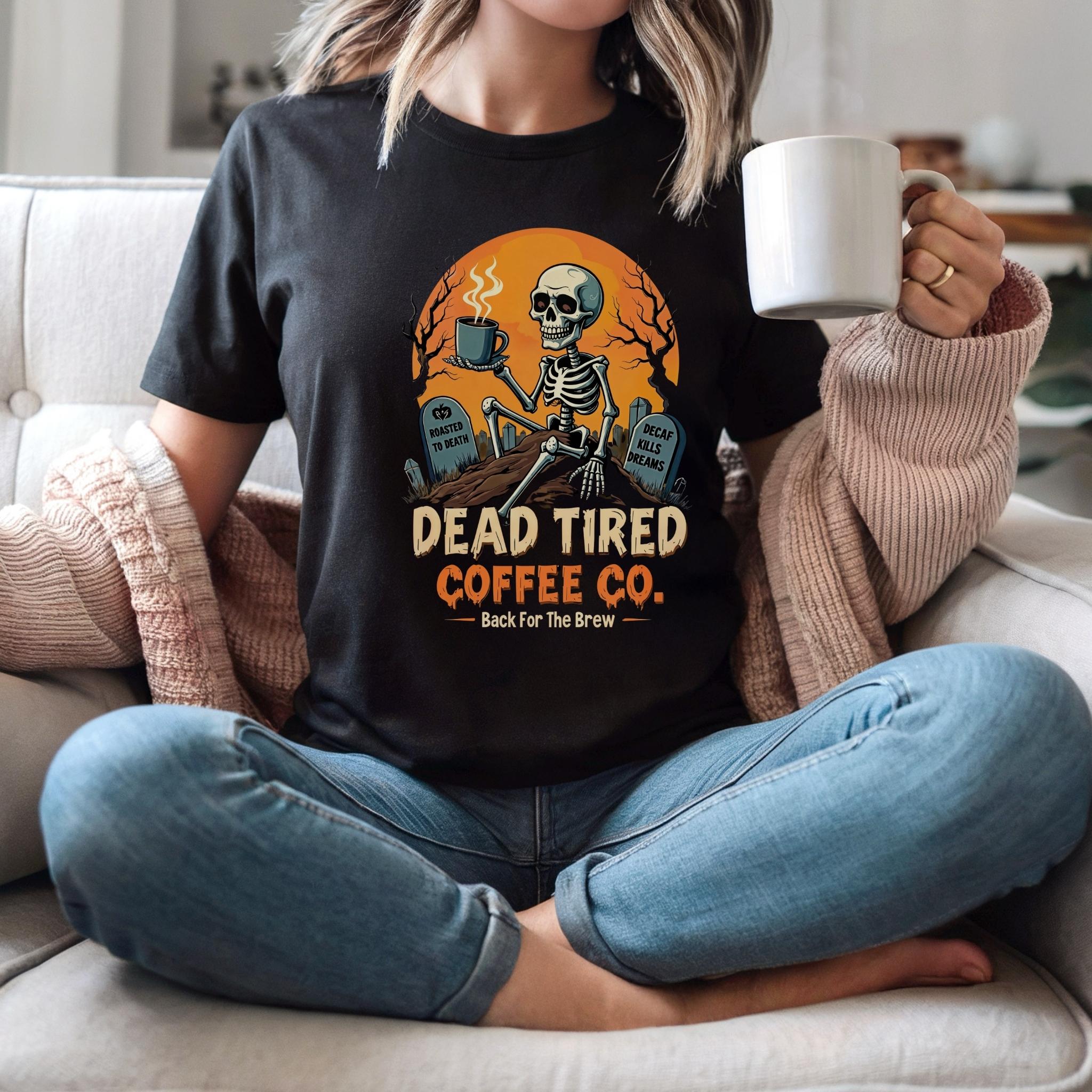 Funny Skeleton Coffee T-Shirt: Halloween Parody Graphic Tee product thumbnail image Funny Skeleton Coffee T-Shirt: Halloween Parody Graphic Tee product thumbnail image