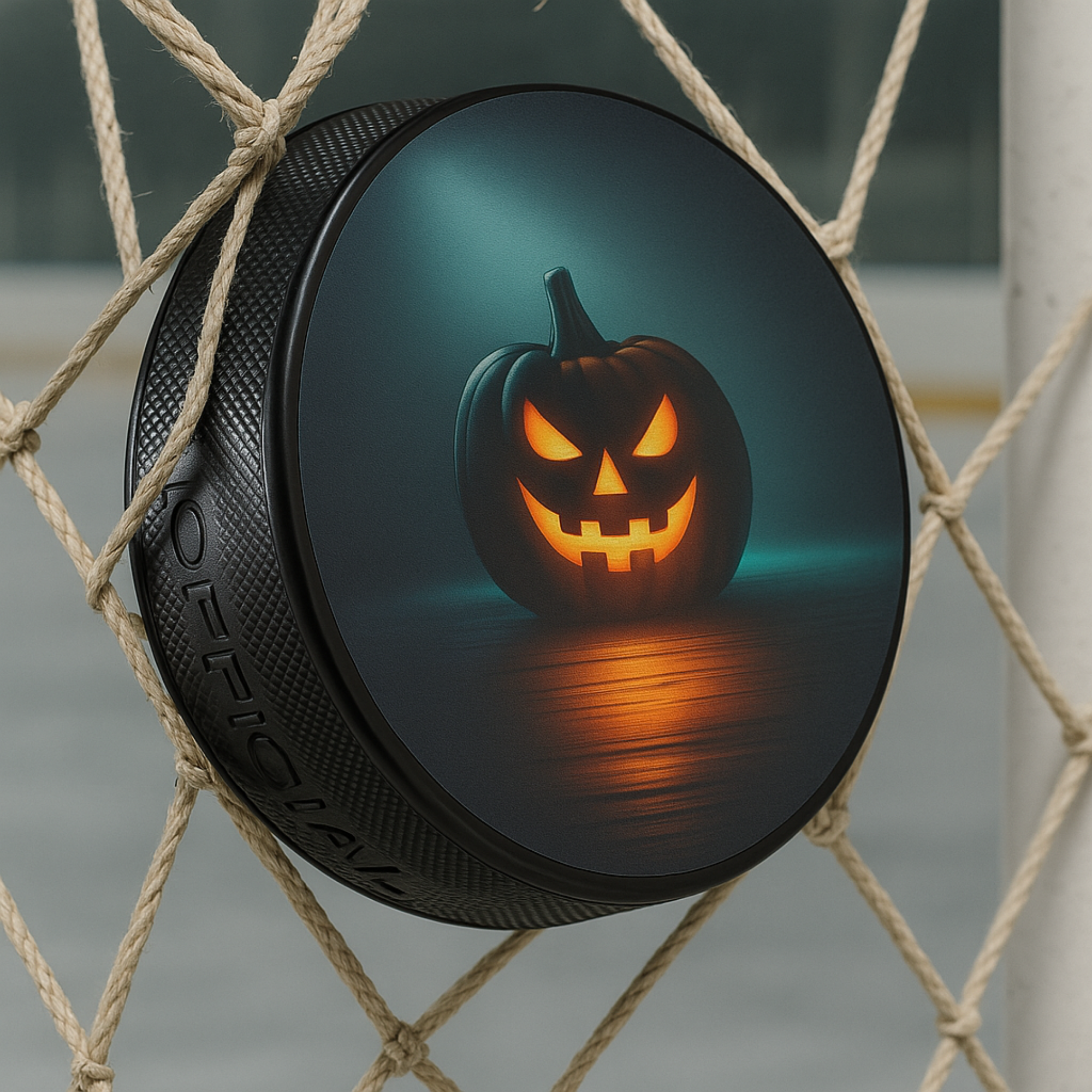 Jack O Lantern Hockey Puck Regulation 6 oz Rubber Spooky Pumpkin Ice Rink Design Halloween Unique Gift for Players and Fans product thumbnail image Jack O Lantern Hockey Puck Regulation 6 oz Rubber Spooky Pumpkin Ice Rink Design Halloween Unique Gift for Players and Fans product thumbnail image