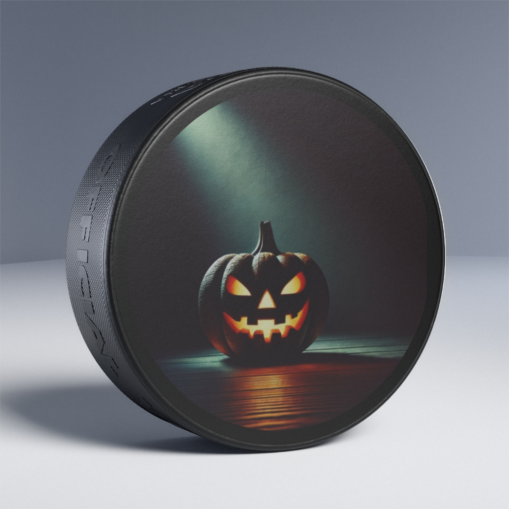 Jack O Lantern Hockey Puck Regulation 6 oz Rubber Spooky Pumpkin Ice Rink Design Halloween Unique Gift for Players and Fans product thumbnail image Jack O Lantern Hockey Puck Regulation 6 oz Rubber Spooky Pumpkin Ice Rink Design Halloween Unique Gift for Players and Fans product thumbnail image