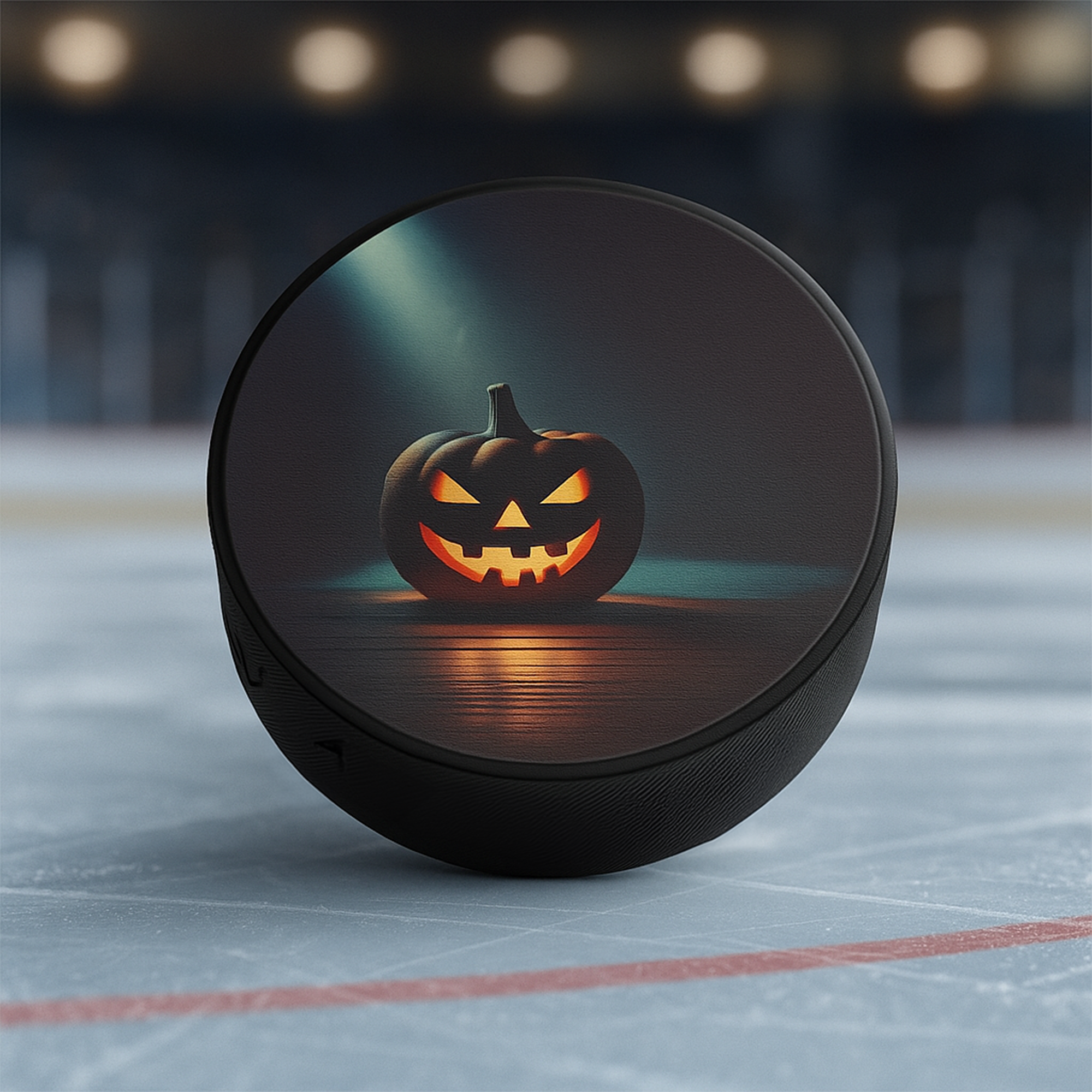 Jack O Lantern Hockey Puck Regulation 6 oz Rubber Spooky Pumpkin Ice Rink Design Halloween Unique Gift for Players and Fans product thumbnail image Jack O Lantern Hockey Puck Regulation 6 oz Rubber Spooky Pumpkin Ice Rink Design Halloween Unique Gift for Players and Fans product thumbnail image