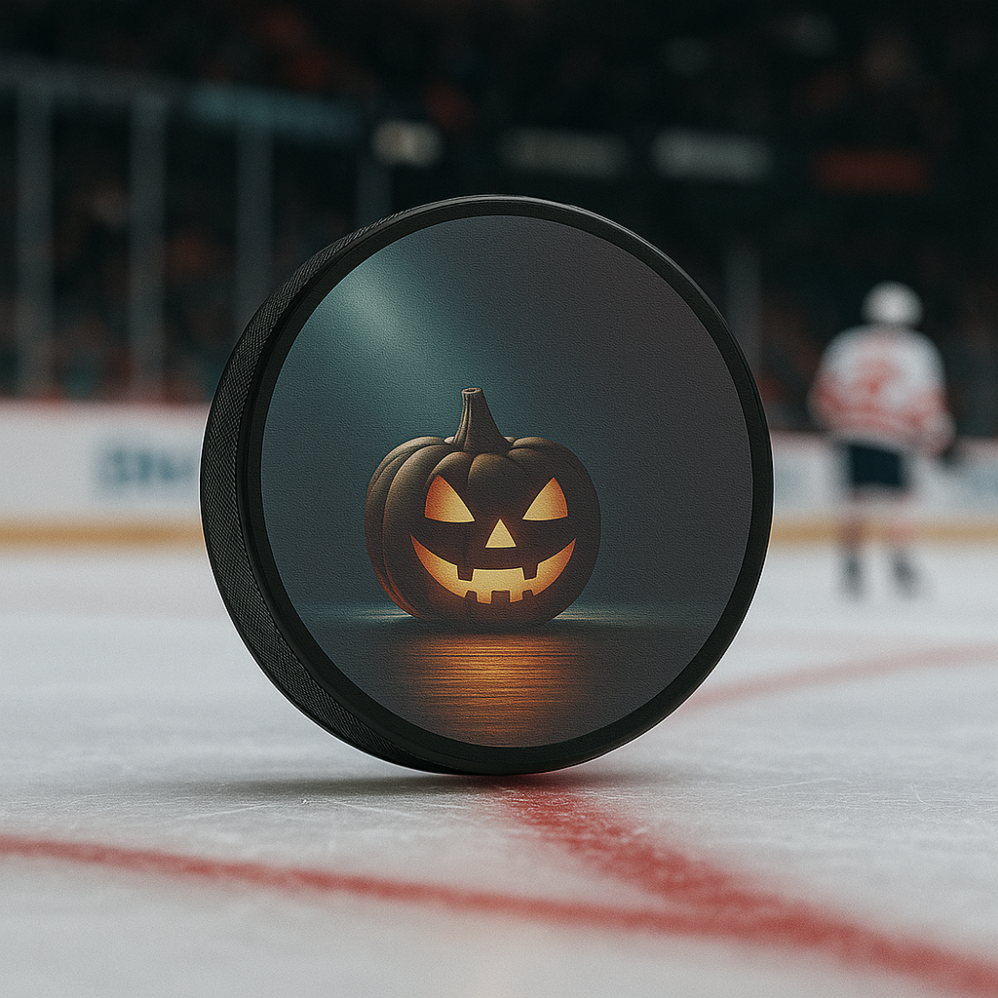 Jack O Lantern Hockey Puck Regulation 6 oz Rubber Spooky Pumpkin Ice Rink Design Halloween Unique Gift for Players and Fans product thumbnail image Jack O Lantern Hockey Puck Regulation 6 oz Rubber Spooky Pumpkin Ice Rink Design Halloween Unique Gift for Players and Fans product thumbnail image