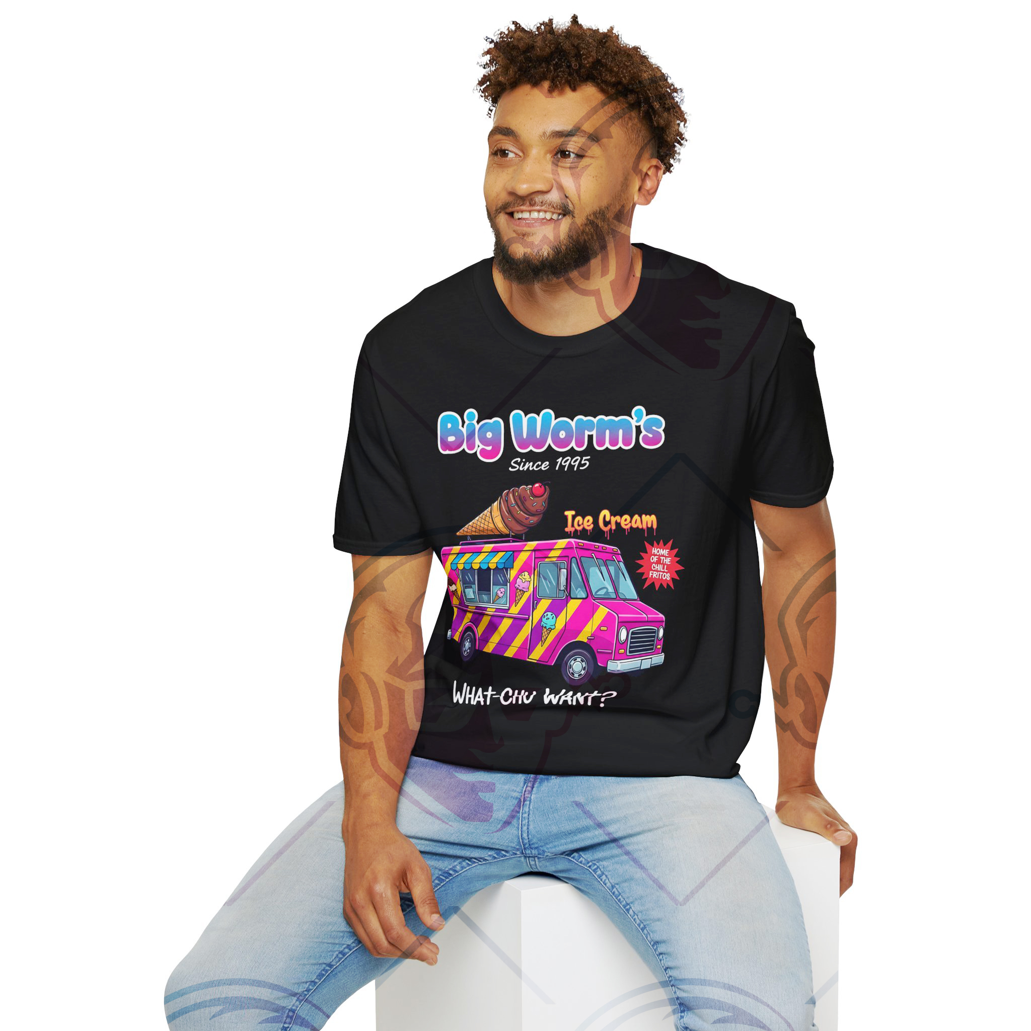๐ฆ๐ Big Wormโs Ice Cream Truck T-Shirt โ โWhatโChu Want?โ 90s LA Street Style Tee ๐ฆ๐ product thumbnail image ๐ฆ๐ Big Wormโs Ice Cream Truck T-Shirt โ โWhatโChu Want?โ 90s LA Street Style Tee ๐ฆ๐ product thumbnail image