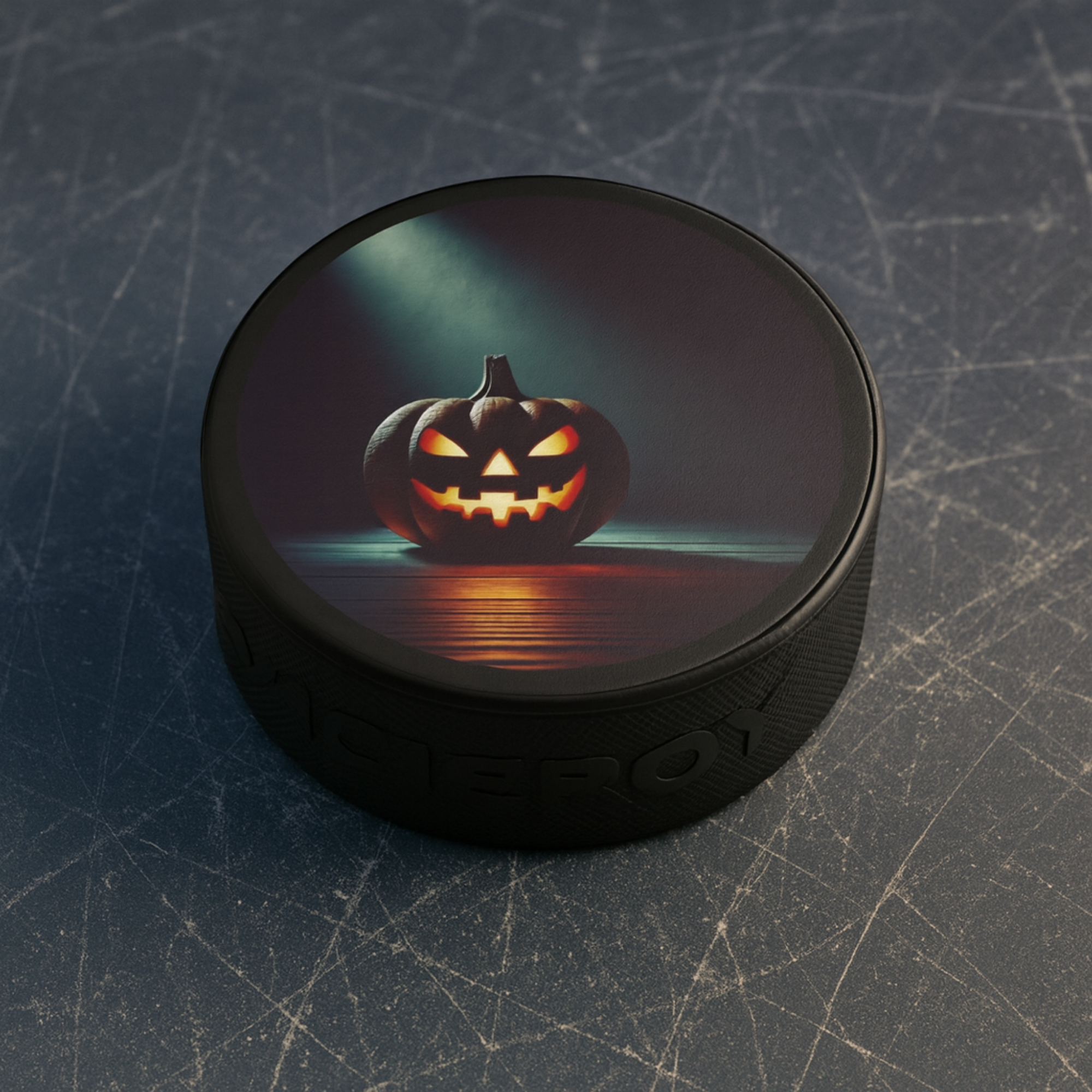 Jack O Lantern Hockey Puck Regulation 6 oz Rubber Spooky Pumpkin Ice Rink Design Halloween Unique Gift for Players and Fans product thumbnail image Jack O Lantern Hockey Puck Regulation 6 oz Rubber Spooky Pumpkin Ice Rink Design Halloween Unique Gift for Players and Fans product thumbnail image