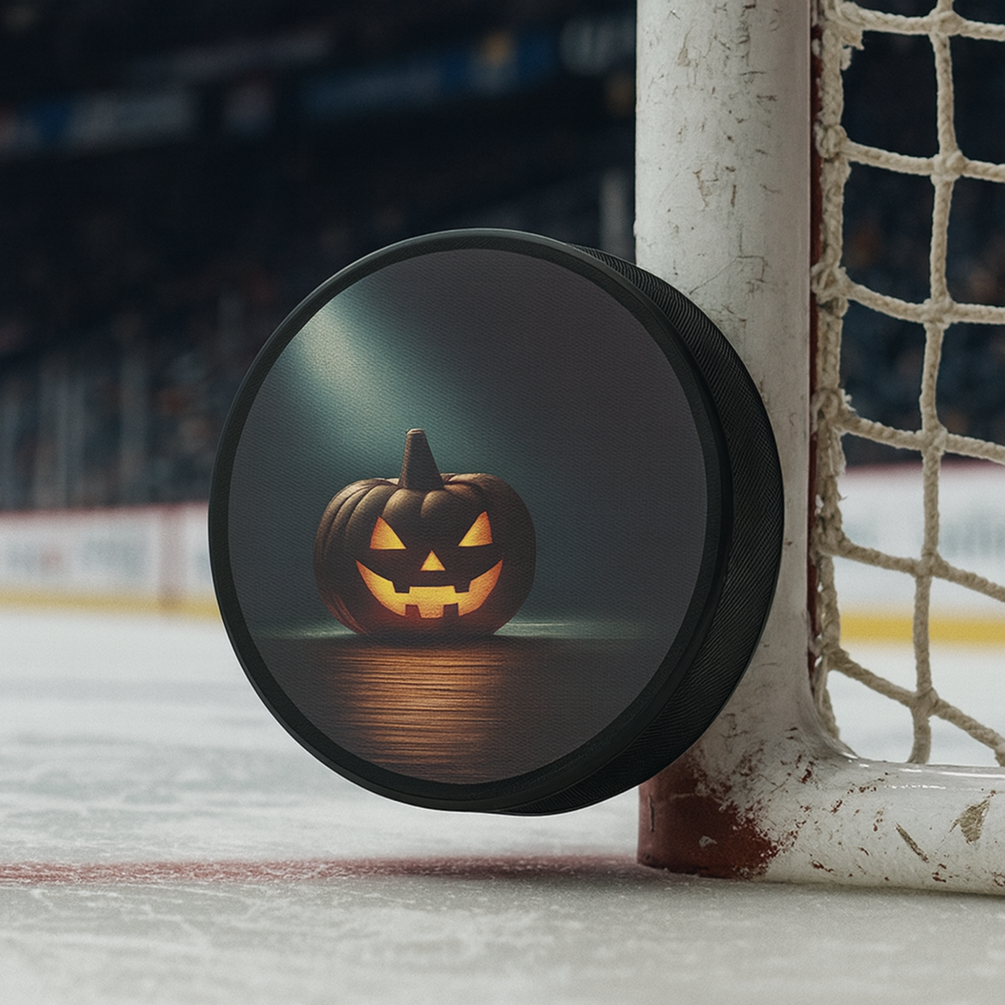Jack O Lantern Hockey Puck Regulation 6 oz Rubber Spooky Pumpkin Ice Rink Design Halloween Unique Gift for Players and Fans product thumbnail image Jack O Lantern Hockey Puck Regulation 6 oz Rubber Spooky Pumpkin Ice Rink Design Halloween Unique Gift for Players and Fans product thumbnail image