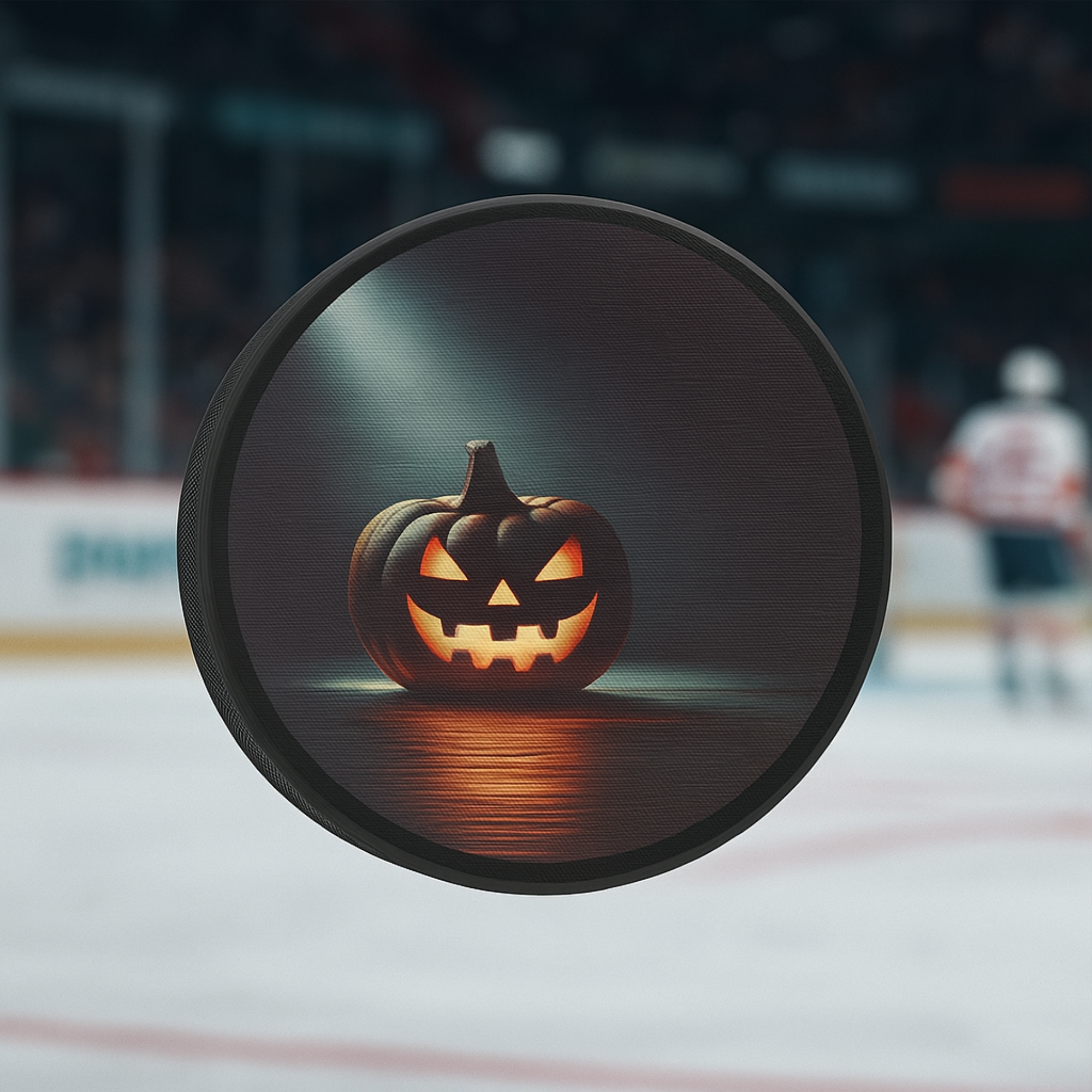 Jack O Lantern Hockey Puck Regulation 6 oz Rubber Spooky Pumpkin Ice Rink Design Halloween Unique Gift for Players and Fans product thumbnail image Jack O Lantern Hockey Puck Regulation 6 oz Rubber Spooky Pumpkin Ice Rink Design Halloween Unique Gift for Players and Fans product thumbnail image