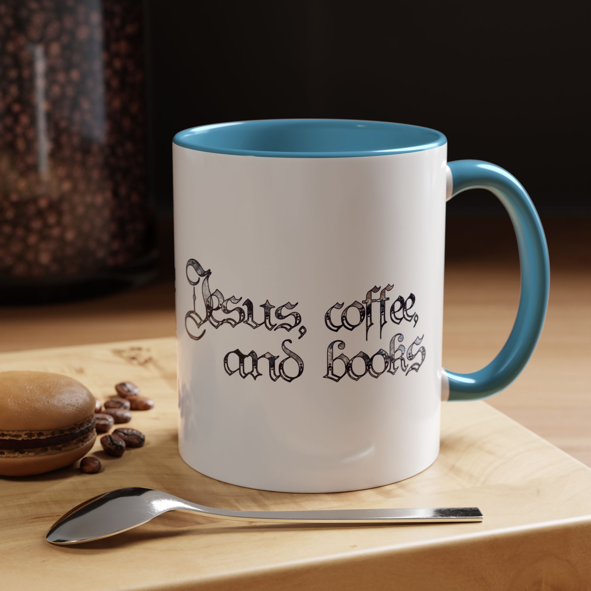 "Jesus, Coffee, and Books" Blue Accent Coffee Mug - Perfect Gift for Book Lovers product thumbnail image "Jesus, Coffee, and Books" Blue Accent Coffee Mug - Perfect Gift for Book Lovers product thumbnail image