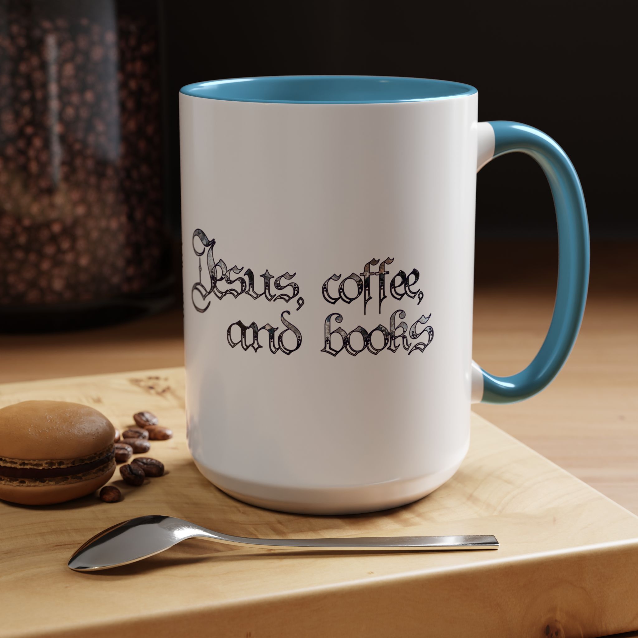 "Jesus, Coffee, and Books" Blue Accent Coffee Mug - Perfect Gift for Book Lovers product thumbnail image "Jesus, Coffee, and Books" Blue Accent Coffee Mug - Perfect Gift for Book Lovers product thumbnail image