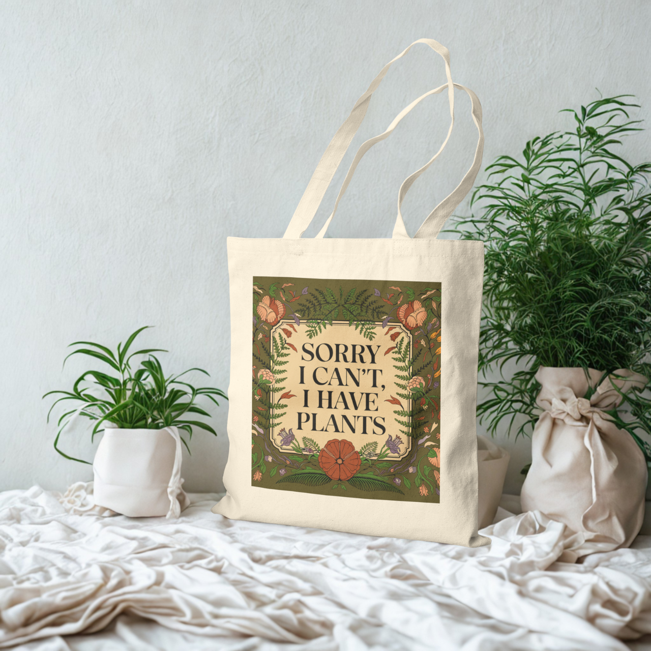 Botanical Tote Bag - Sorry I Can’t, I Have Plants - Eco-Friendly, Reusable Grocery Bag, Gardening Gift, Plant Lover Accessory product thumbnail image