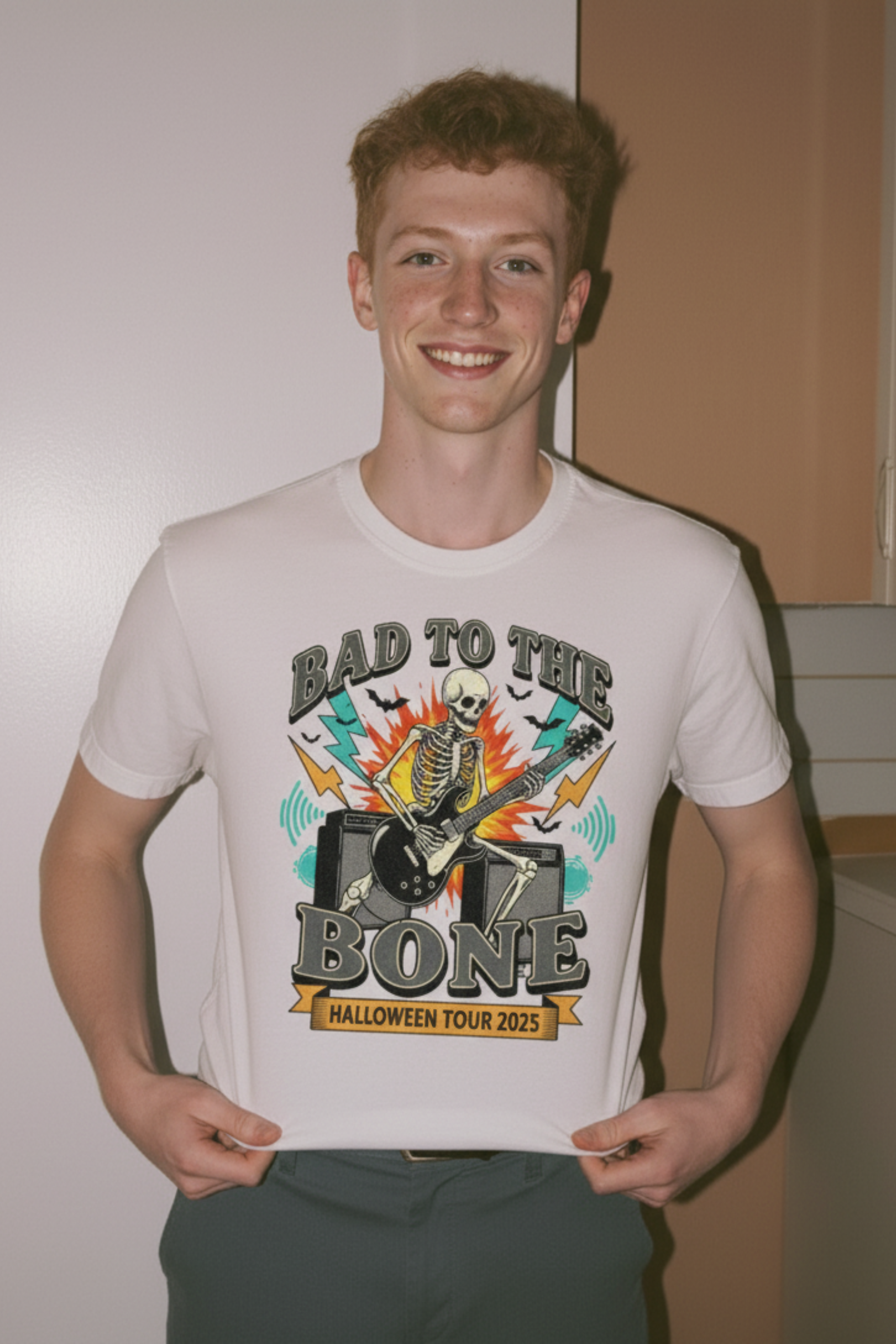 Halloween Rock Band Tee with Skeleton Design, Unisex Short Sleeve Shirt, Perfect for Music Lovers, Halloween Costume, Concert Attire, [...] product thumbnail image