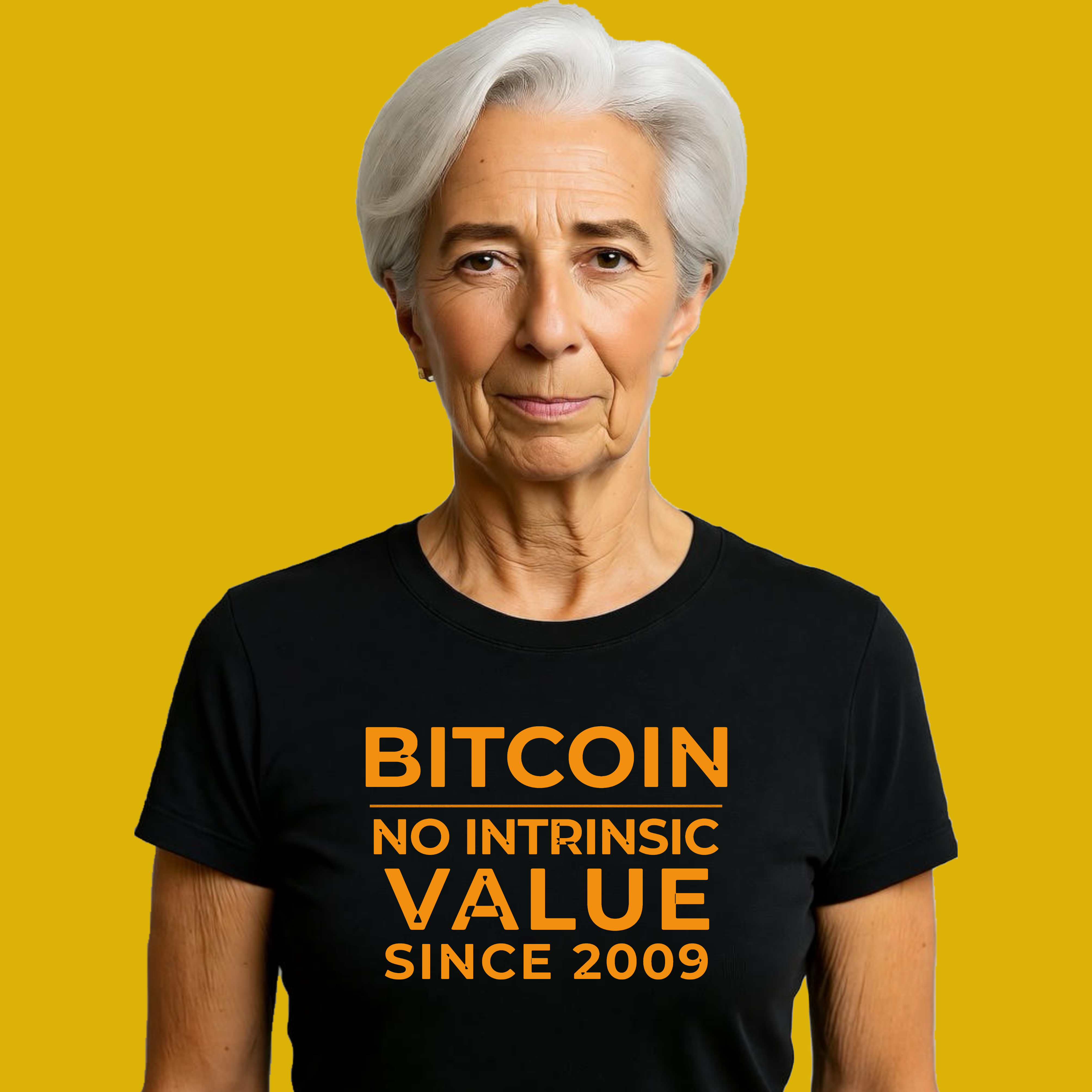 Bitcoin — No Intrinsic Value Since 2009 T-Shirt (Christine Lagarde Edition) – Degen Swag product thumbnail image