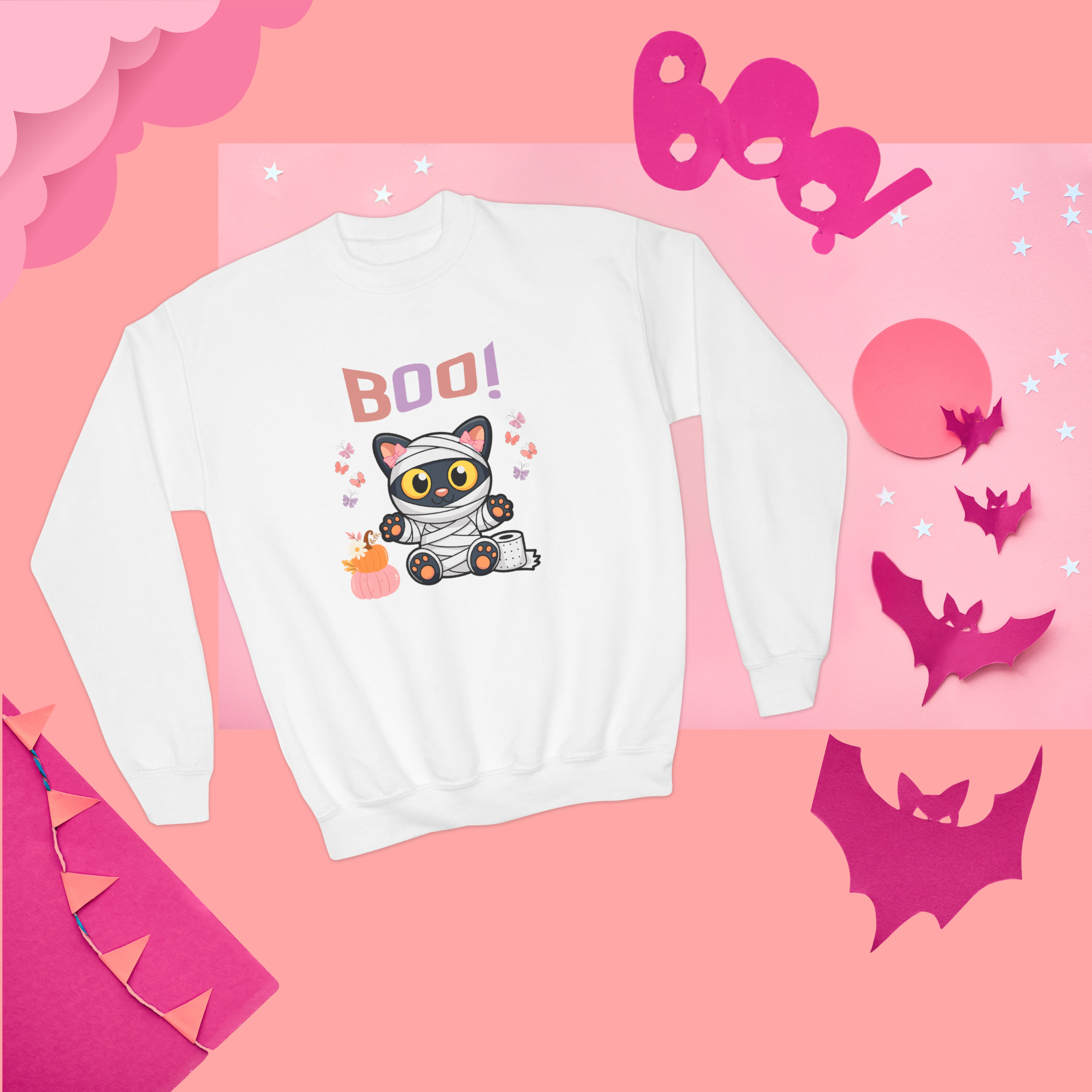 Cute Mummy Cat Halloween Sweatshirt – "Boo!" Black Cat Pullover, Fall Cozy Sweatshirt, Spooky Season Shirt, Halloween Gift