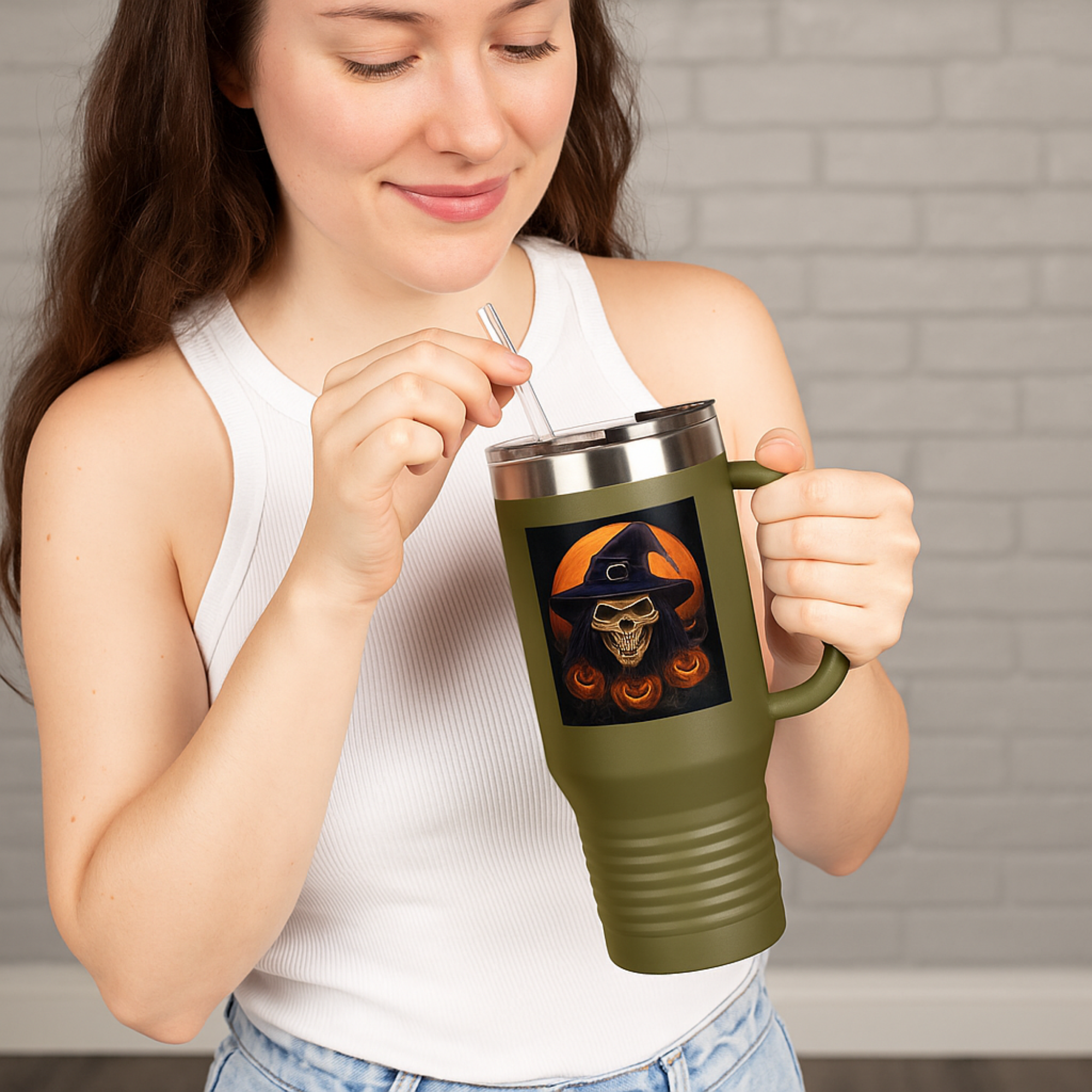 Spooky Skull 40oz Travel Mug | Halloween Witch Pumpkin Tumbler | Insulated Stainless Steel Mug with Handle | Gothic Gift for Him or Her product thumbnail image Spooky Skull 40oz Travel Mug | Halloween Witch Pumpkin Tumbler | Insulated Stainless Steel Mug with Handle | Gothic Gift for Him or Her product thumbnail image