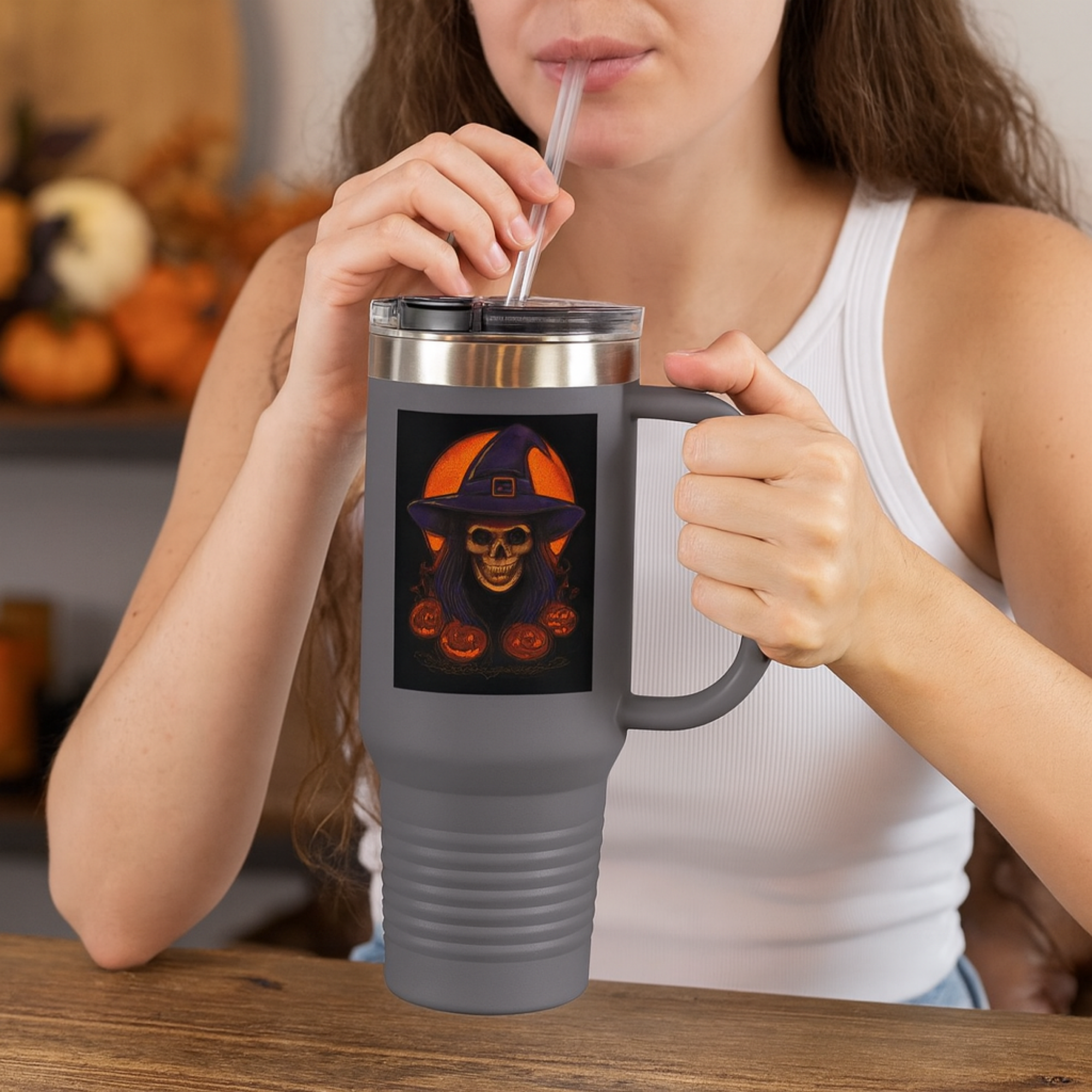 Spooky Skull 40oz Travel Mug | Halloween Witch Pumpkin Tumbler | Insulated Stainless Steel Mug with Handle | Gothic Gift for Him or Her product thumbnail image Spooky Skull 40oz Travel Mug | Halloween Witch Pumpkin Tumbler | Insulated Stainless Steel Mug with Handle | Gothic Gift for Him or Her product thumbnail image