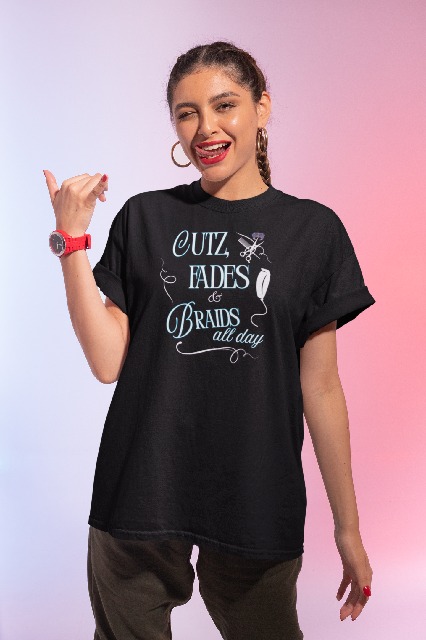 " CUTZ, FADES &amp; BRAIDS" Unisex Jersey Tee- Stylist. Personalize product thumbnail image