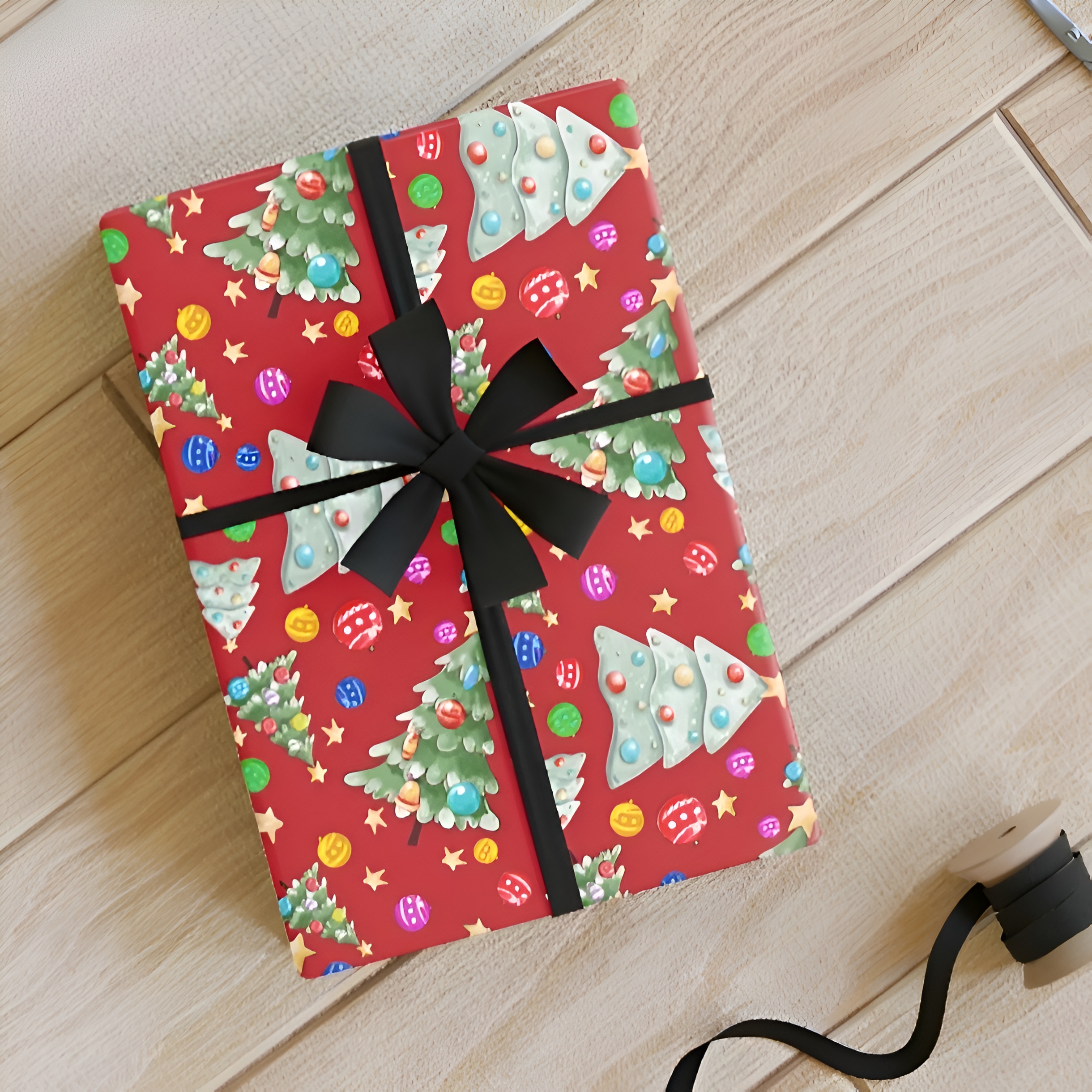 Christmas Tree &amp; Ornaments Paper Roll (red) - Christmas Theme, Eco-friendly, Gift Wrap, Seasonal Décor, Party Supplies, Santa &amp; Grinch Design