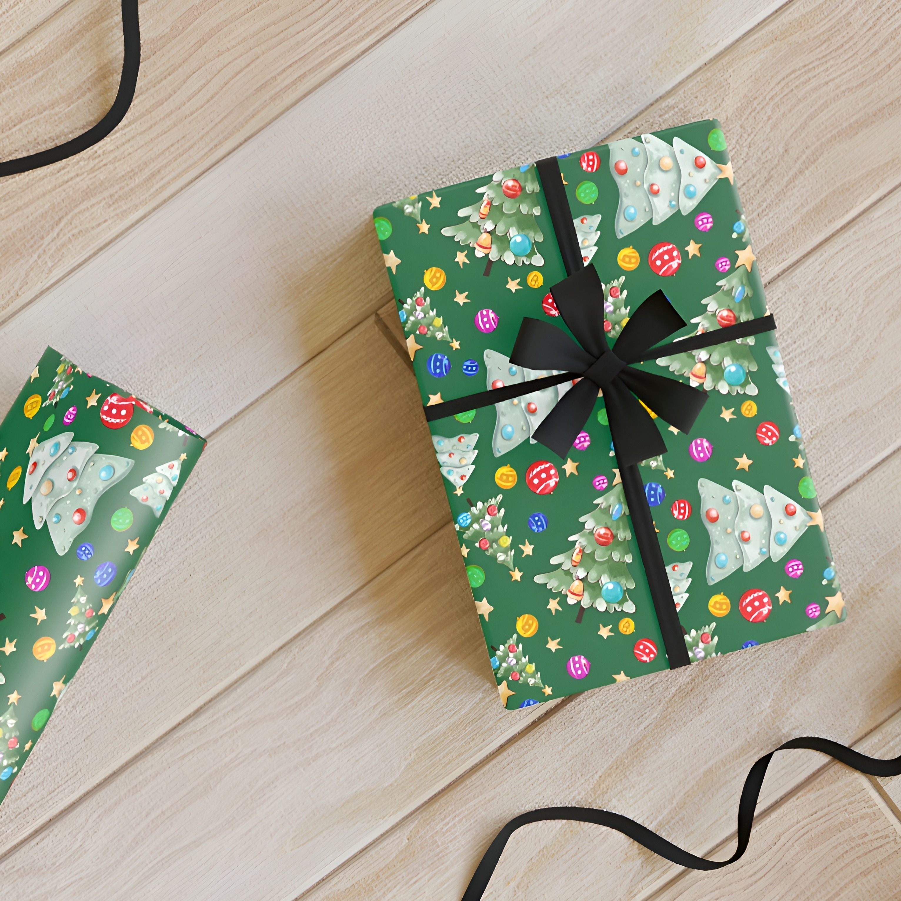 Christmas Tree &amp; Ornaments Paper Roll (Green) - Christmas Theme, Eco-friendly, Gift Wrap, Seasonal Décor, Party Supplies, Santa &amp; Grinch Design