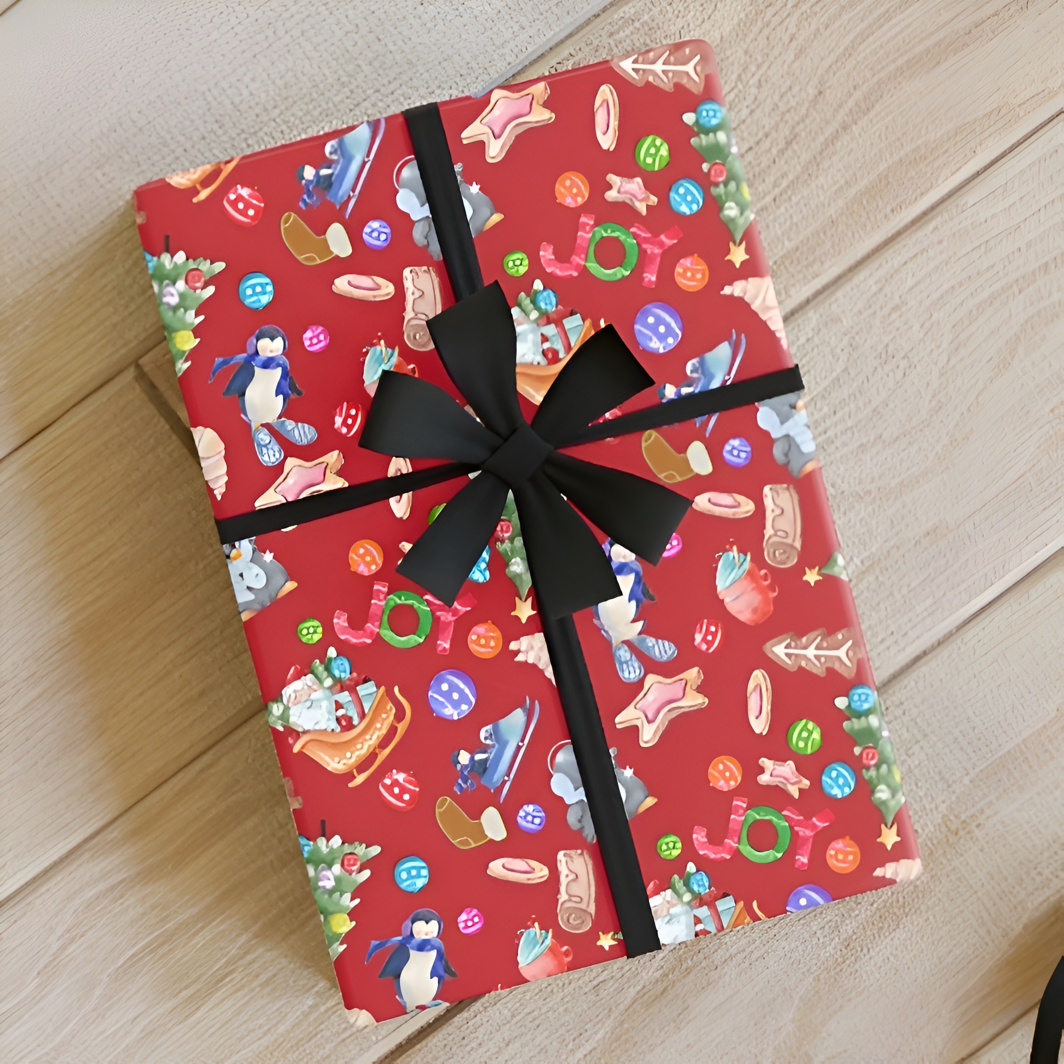 Christmas Penguins Wrapping Paper Roll (red) - Christmas Theme, Eco-friendly, Gift Wrap, Seasonal Décor, Party Supplies, Santa &amp; Grinch Design