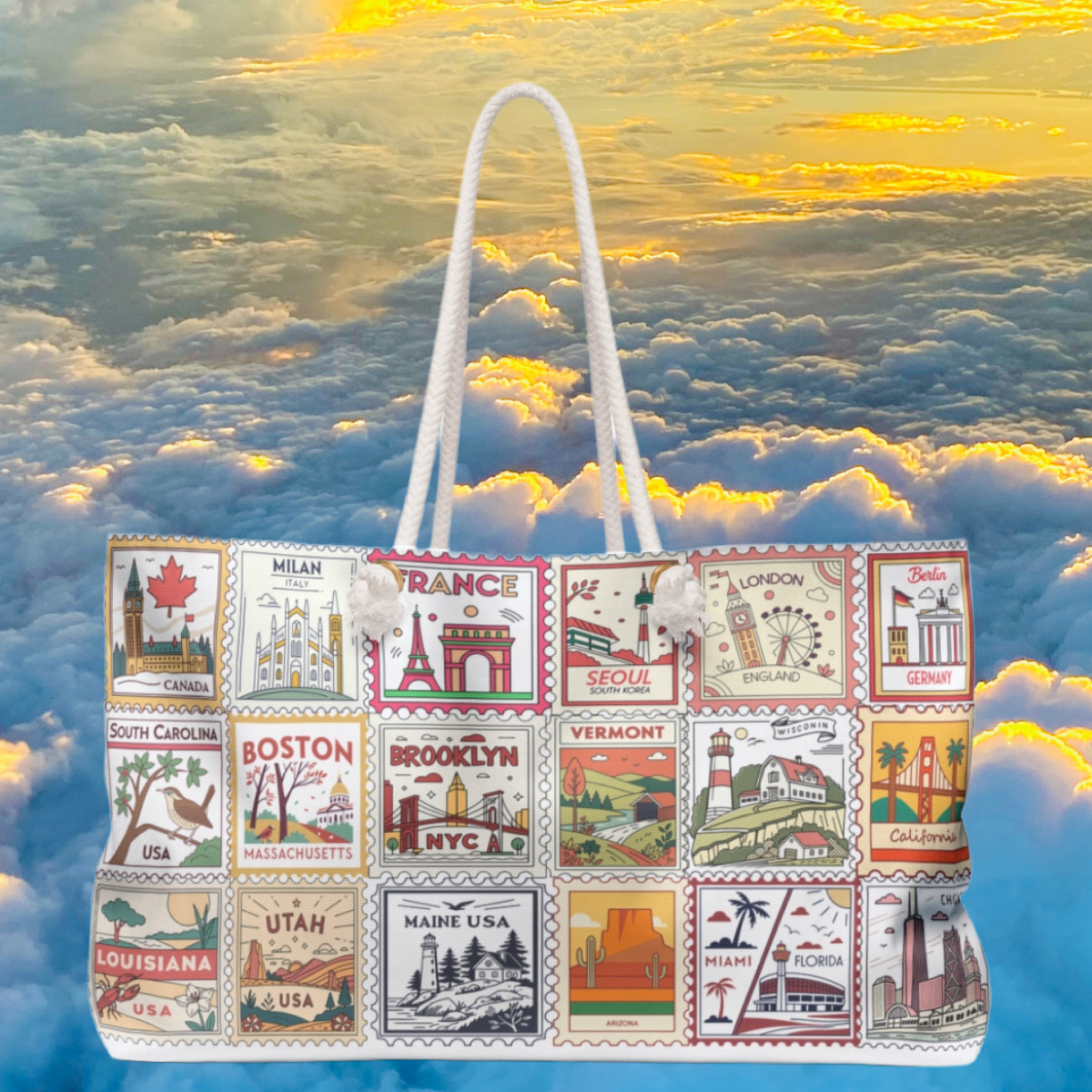 Stamps Weekender Bag, Personalized with initials, Overnight Bag, Vacation Tote, School Supplies Organizer product thumbnail image Stamps Weekender Bag, Personalized with initials, Overnight Bag, Vacation Tote, School Supplies Organizer product thumbnail image