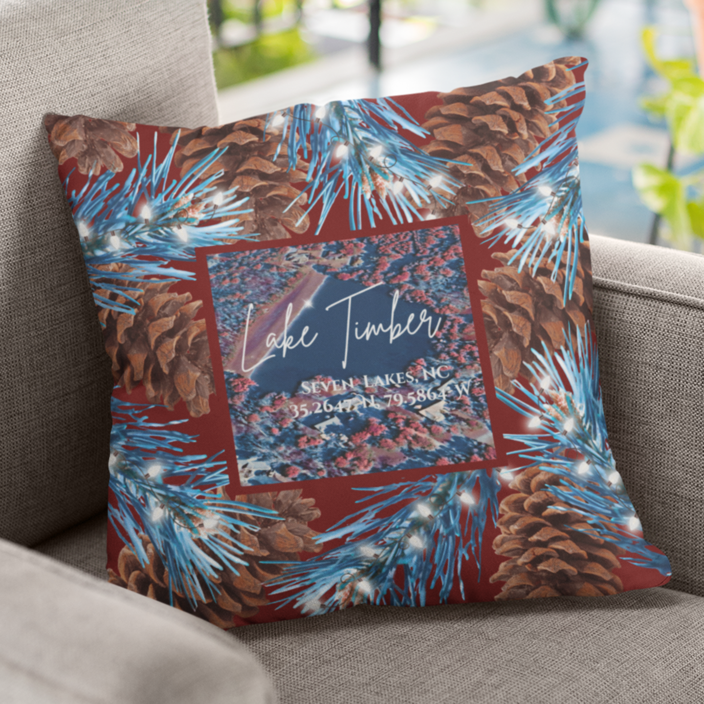 Lake Timber Christmas Pillow, with option to personalize GPS coordinates. product thumbnail image Lake Timber Christmas Pillow, with option to personalize GPS coordinates. product thumbnail image