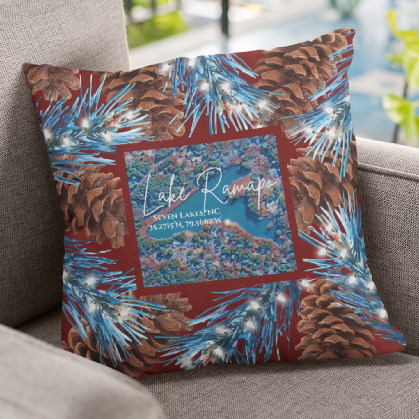 Lake Ramapo Christmas Pillow, with option to personalize GPS coordinates. product thumbnail image Lake Ramapo Christmas Pillow, with option to personalize GPS coordinates. product thumbnail image