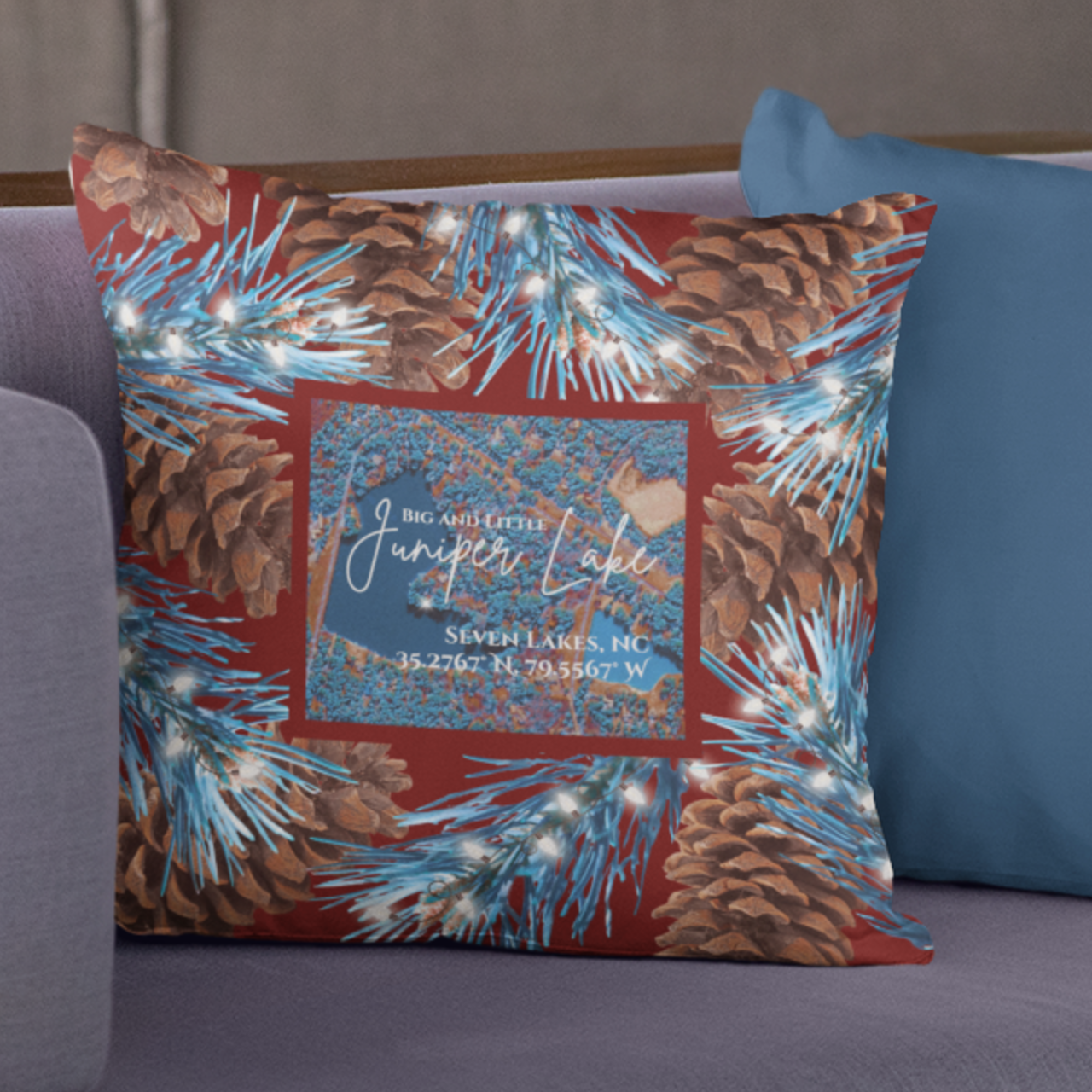 Big and Little Juniper Lake Christmas Pillow, with option to personalize GPS coordinates. product thumbnail image Big and Little Juniper Lake Christmas Pillow, with option to personalize GPS coordinates. product thumbnail image