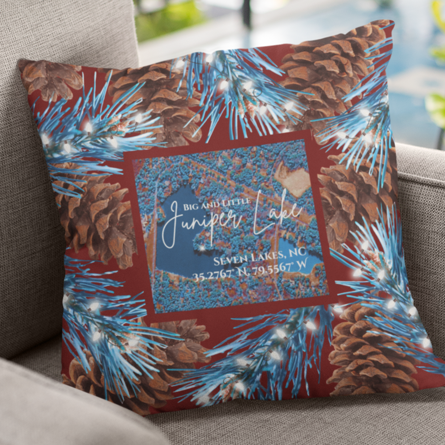 Big and Little Juniper Lake Christmas Pillow, with option to personalize GPS coordinates. product thumbnail image Big and Little Juniper Lake Christmas Pillow, with option to personalize GPS coordinates. product thumbnail image