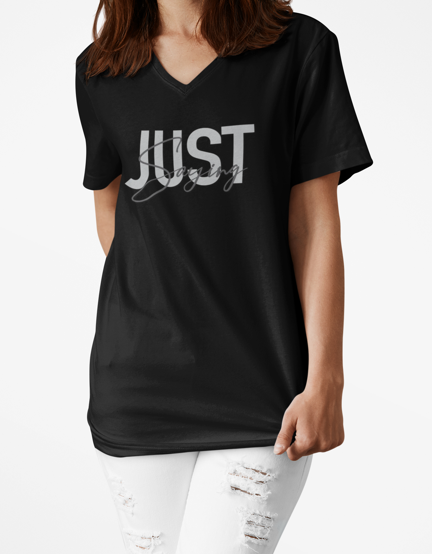 Just Saying Unisex V-Neck Tee, Casual Style T-Shirt, Comfortable Everyday Wear, Great Gift for Friends, Perfect for Parties product thumbnail image Just Saying Unisex V-Neck Tee, Casual Style T-Shirt, Comfortable Everyday Wear, Great Gift for Friends, Perfect for Parties product thumbnail image