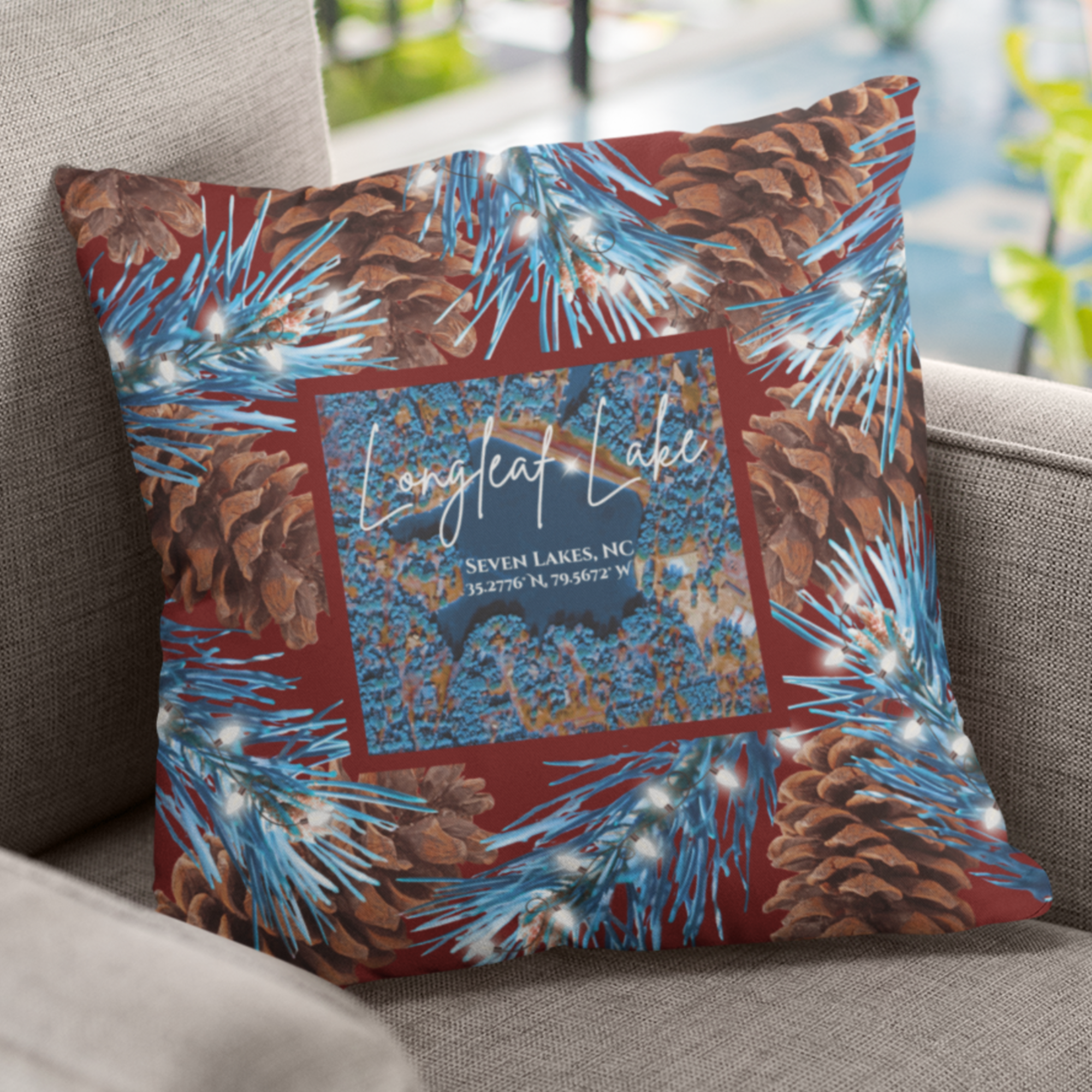 Longleaf Lake Christmas Pillow, with option to personalize GPS coordinates. product thumbnail image Longleaf Lake Christmas Pillow, with option to personalize GPS coordinates. product thumbnail image