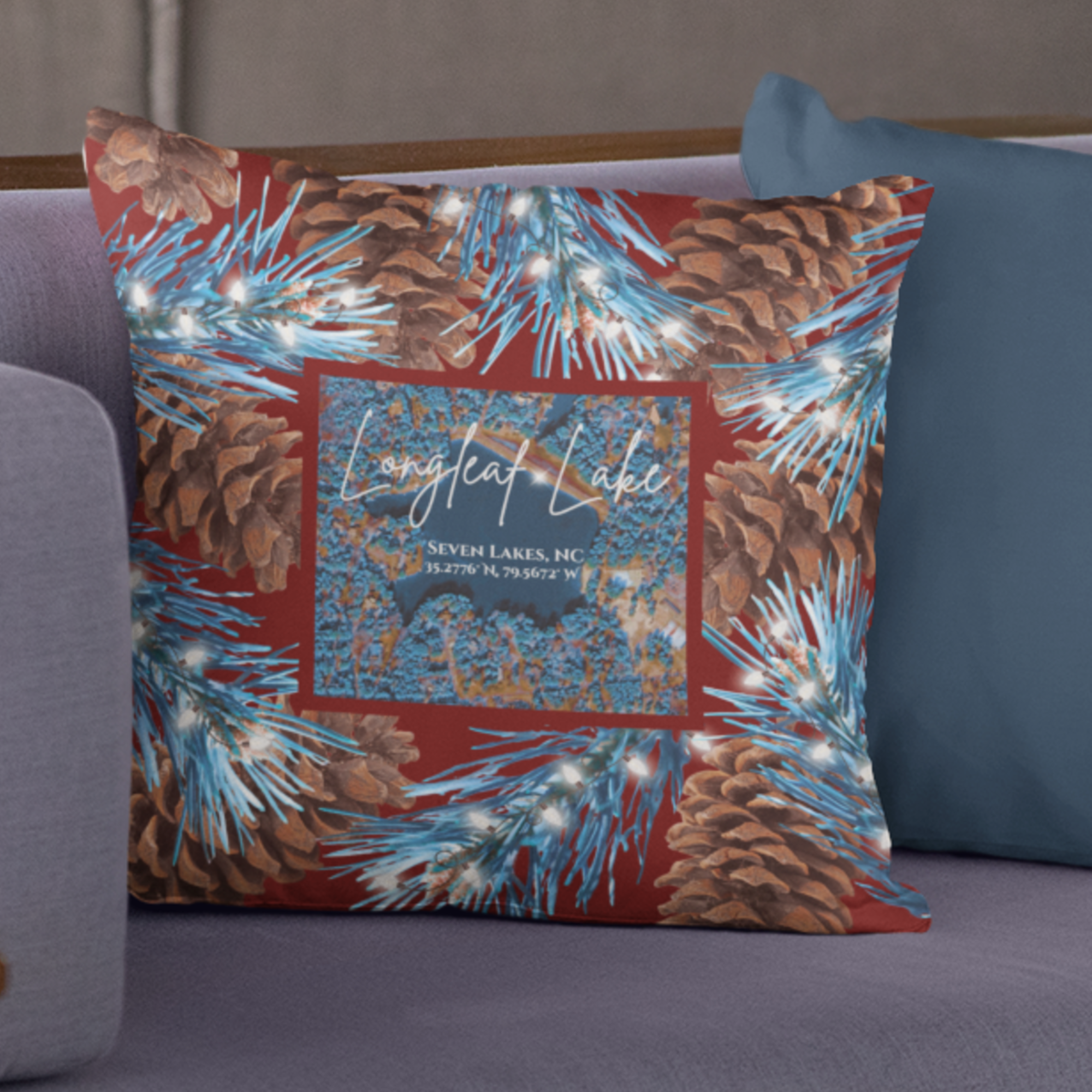 Longleaf Lake Christmas Pillow, with option to personalize GPS coordinates. product thumbnail image Longleaf Lake Christmas Pillow, with option to personalize GPS coordinates. product thumbnail image