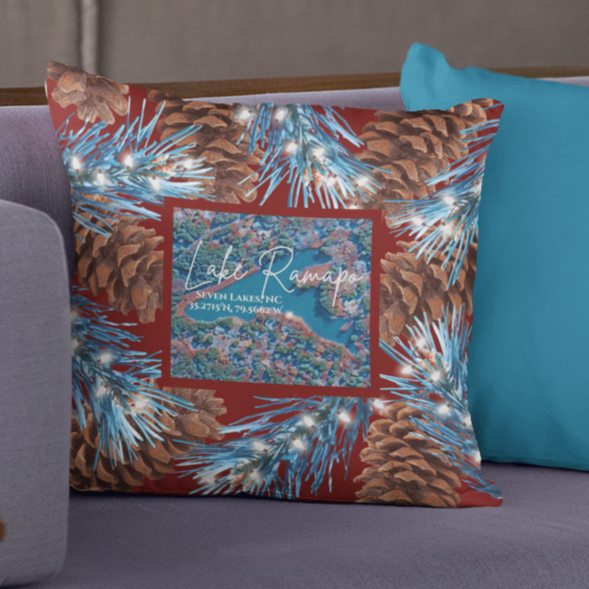 Lake Ramapo Christmas Pillow, with option to personalize GPS coordinates. product thumbnail image Lake Ramapo Christmas Pillow, with option to personalize GPS coordinates. product thumbnail image