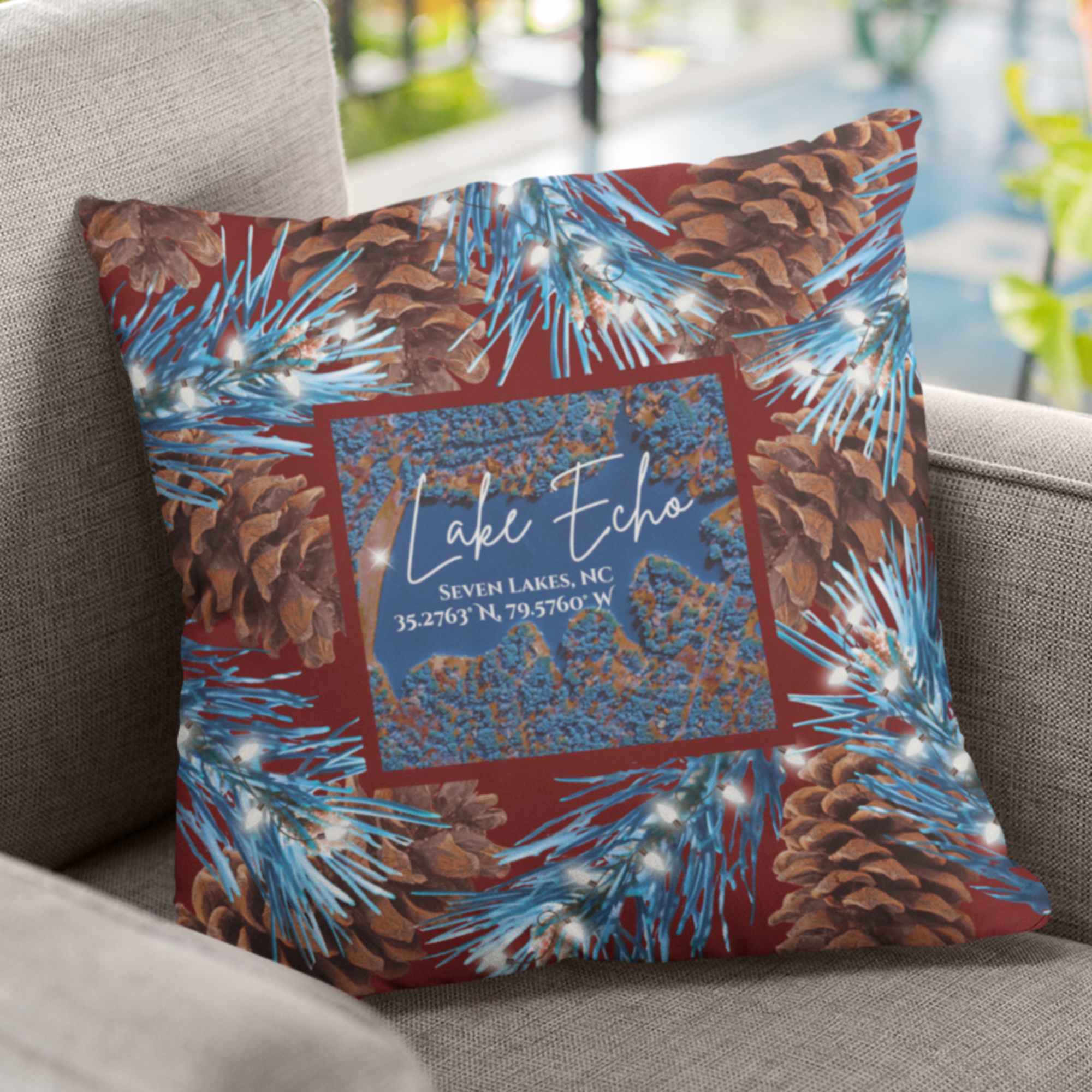 Lake Echo Christmas Pillow, with option to personalize GPS coordinates. product thumbnail image