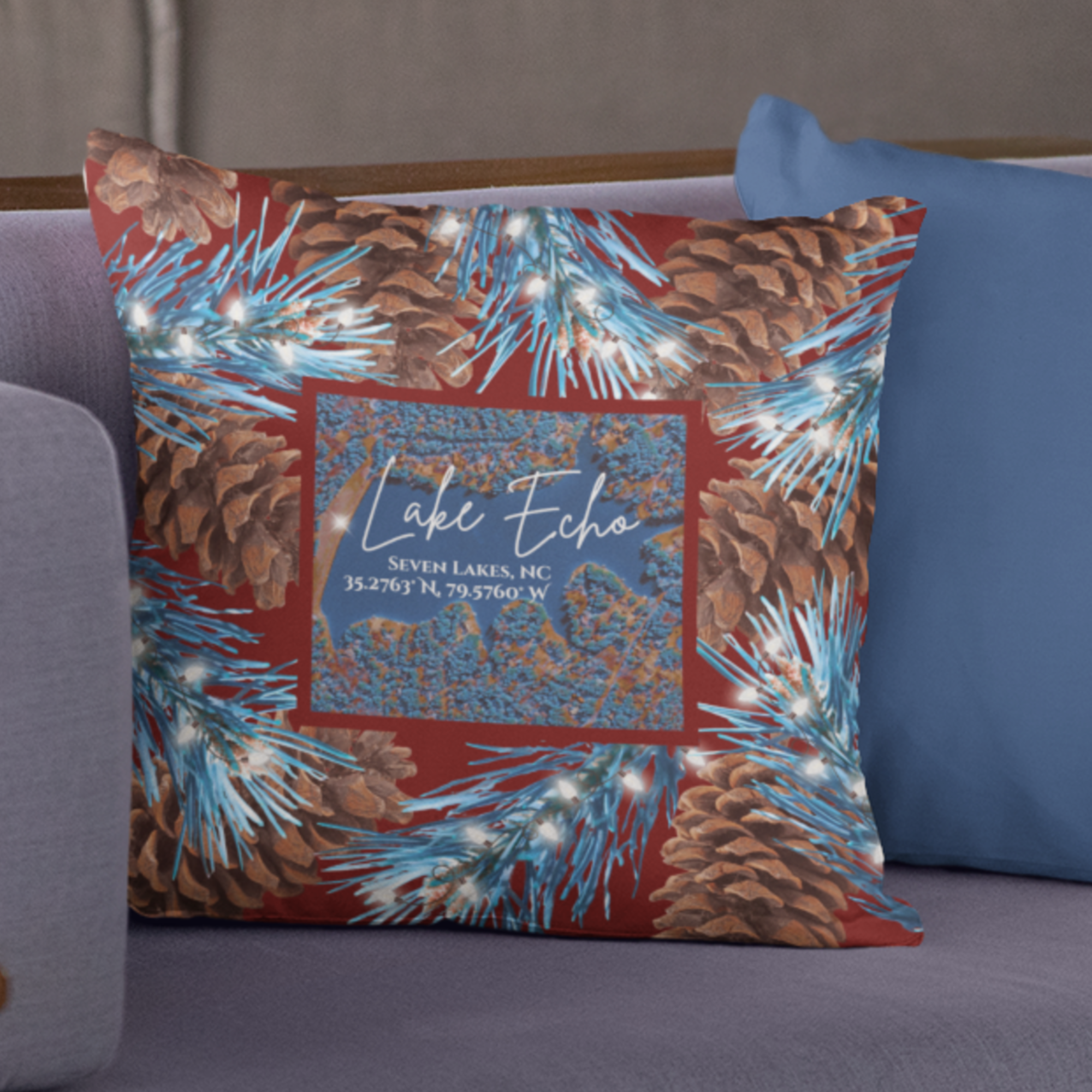 Lake Echo Christmas Pillow, with option to personalize GPS coordinates. product thumbnail image