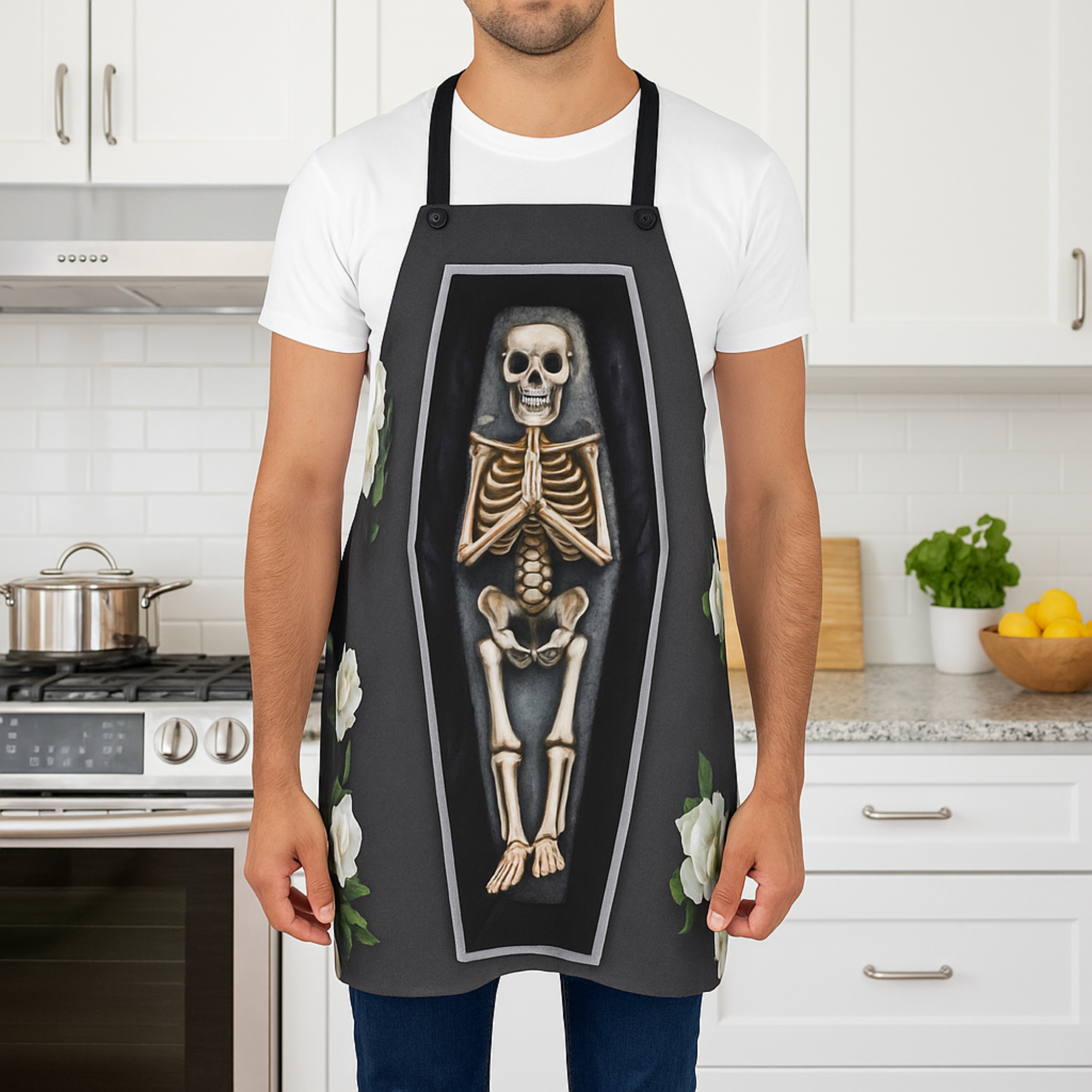 Skeleton in Coffin Apron | Funny Halloween Kitchen Gift | Gothic Cooking Apron for Men And Women | Spooky Skeleton Chef Costume product thumbnail image Skeleton in Coffin Apron | Funny Halloween Kitchen Gift | Gothic Cooking Apron for Men And Women | Spooky Skeleton Chef Costume product thumbnail image