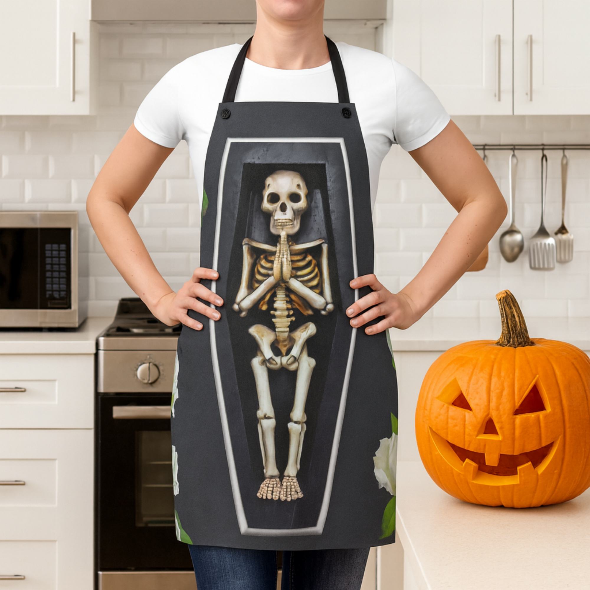 Skeleton in Coffin Apron | Funny Halloween Kitchen Gift | Gothic Cooking Apron for Men And Women | Spooky Skeleton Chef Costume Skeleton in Coffin Apron | Funny Halloween Kitchen Gift | Gothic Cooking Apron for Men And Women | Spooky Skeleton Chef Costume