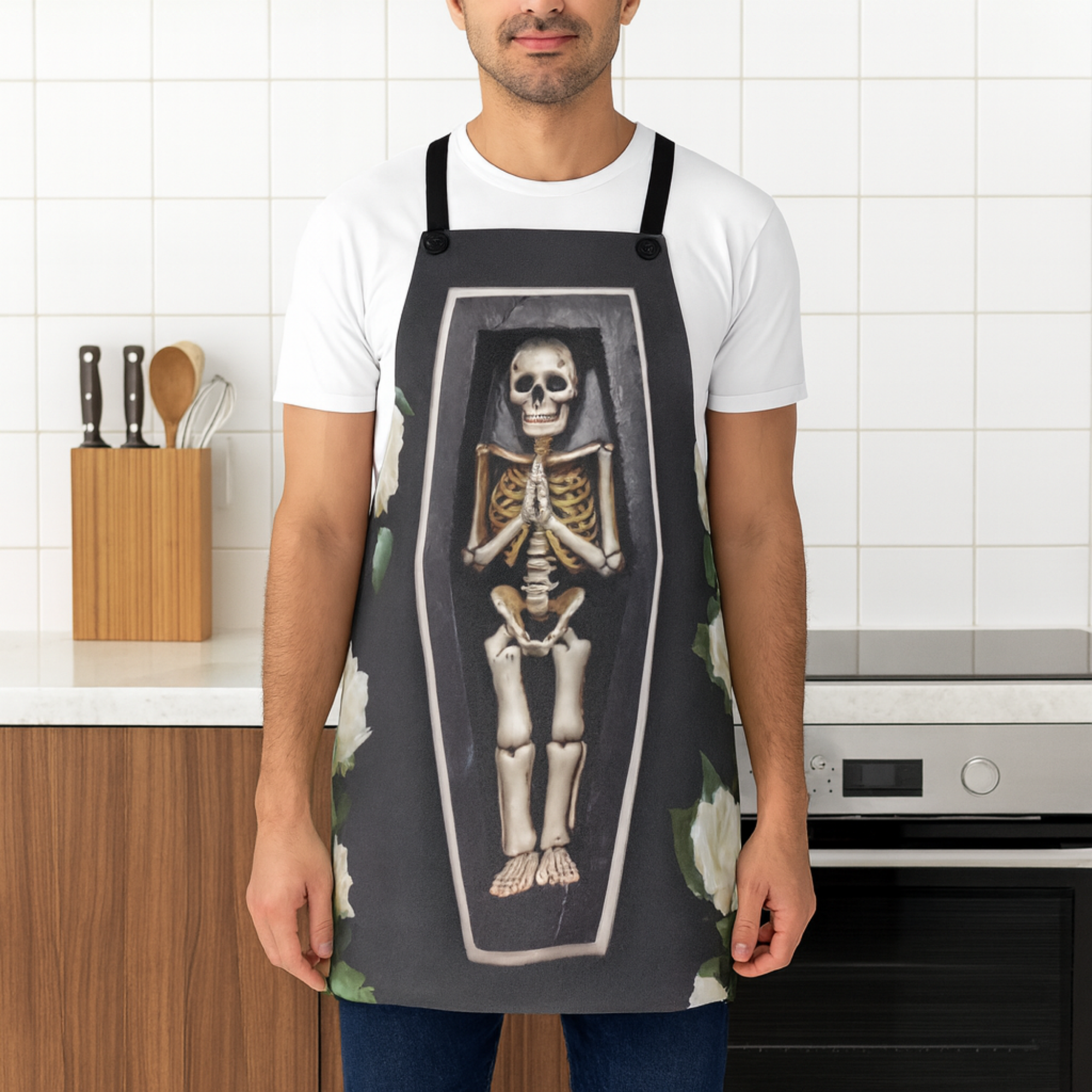 Skeleton in Coffin Apron | Funny Halloween Kitchen Gift | Gothic Cooking Apron for Men And Women | Spooky Skeleton Chef Costume product thumbnail image Skeleton in Coffin Apron | Funny Halloween Kitchen Gift | Gothic Cooking Apron for Men And Women | Spooky Skeleton Chef Costume product thumbnail image
