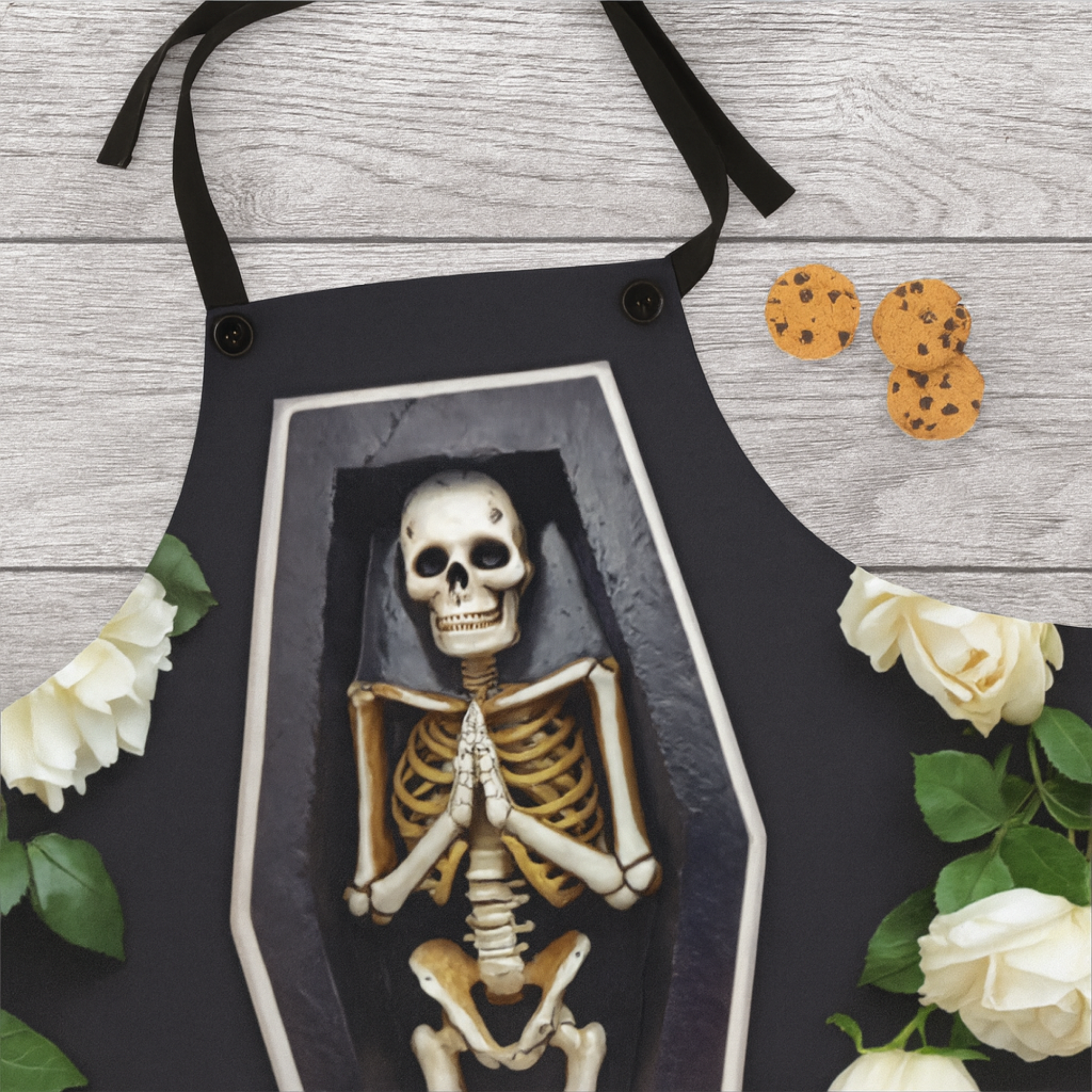 Skeleton in Coffin Apron | Funny Halloween Kitchen Gift | Gothic Cooking Apron for Men And Women | Spooky Skeleton Chef Costume product thumbnail image Skeleton in Coffin Apron | Funny Halloween Kitchen Gift | Gothic Cooking Apron for Men And Women | Spooky Skeleton Chef Costume product thumbnail image