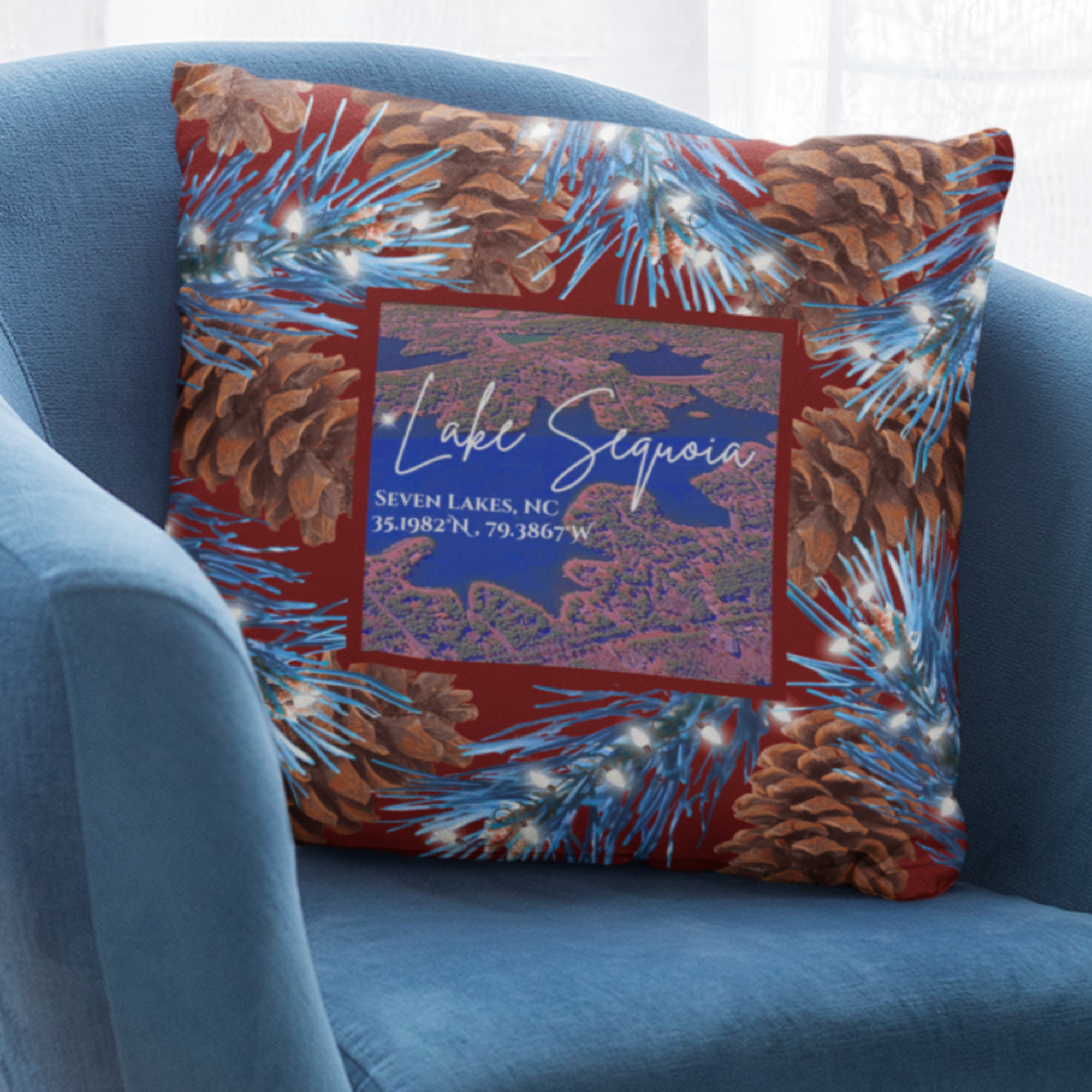 Lake Sequoia Christmas Pillow, with option to personalize GPS coordinates. product thumbnail image Lake Sequoia Christmas Pillow, with option to personalize GPS coordinates. product thumbnail image